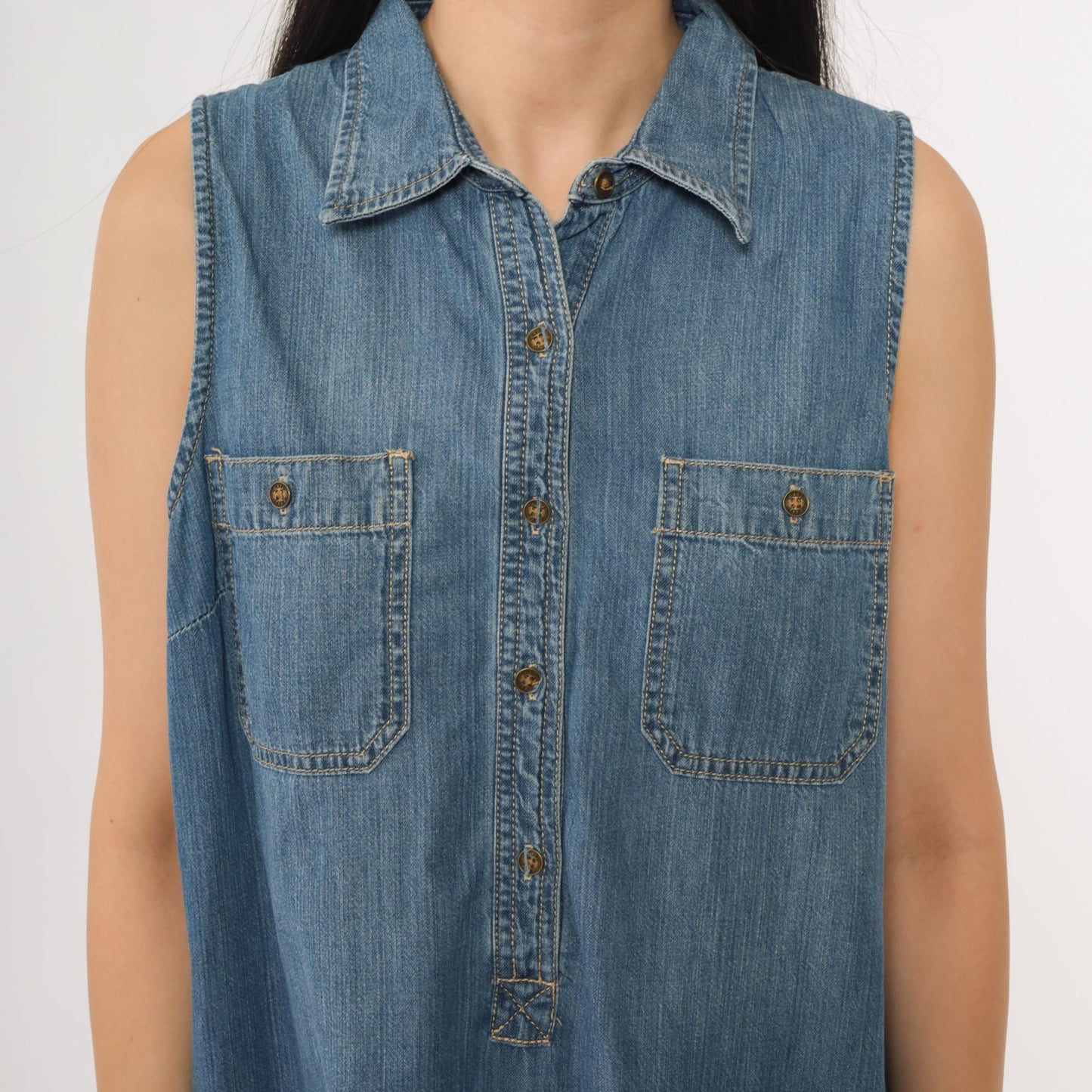 Y2K Chaps Denim Sleeveless Shirt Dress Blue Medium Wash Collar Extra Large XL