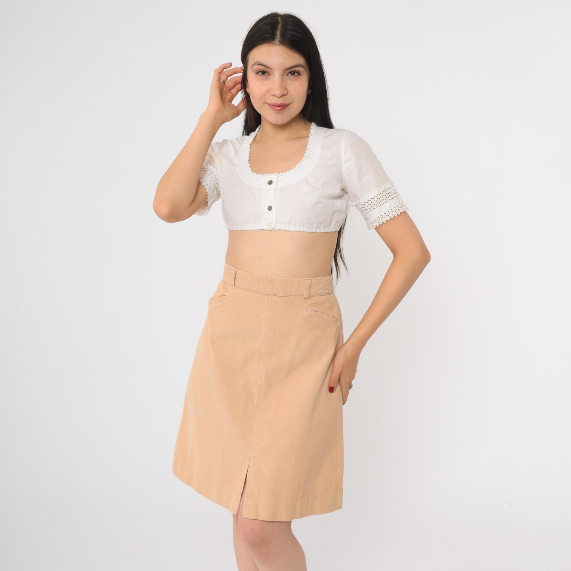 80s Tan Corduroy A-Line Skirt High Waisted Mini Front Slit Small S