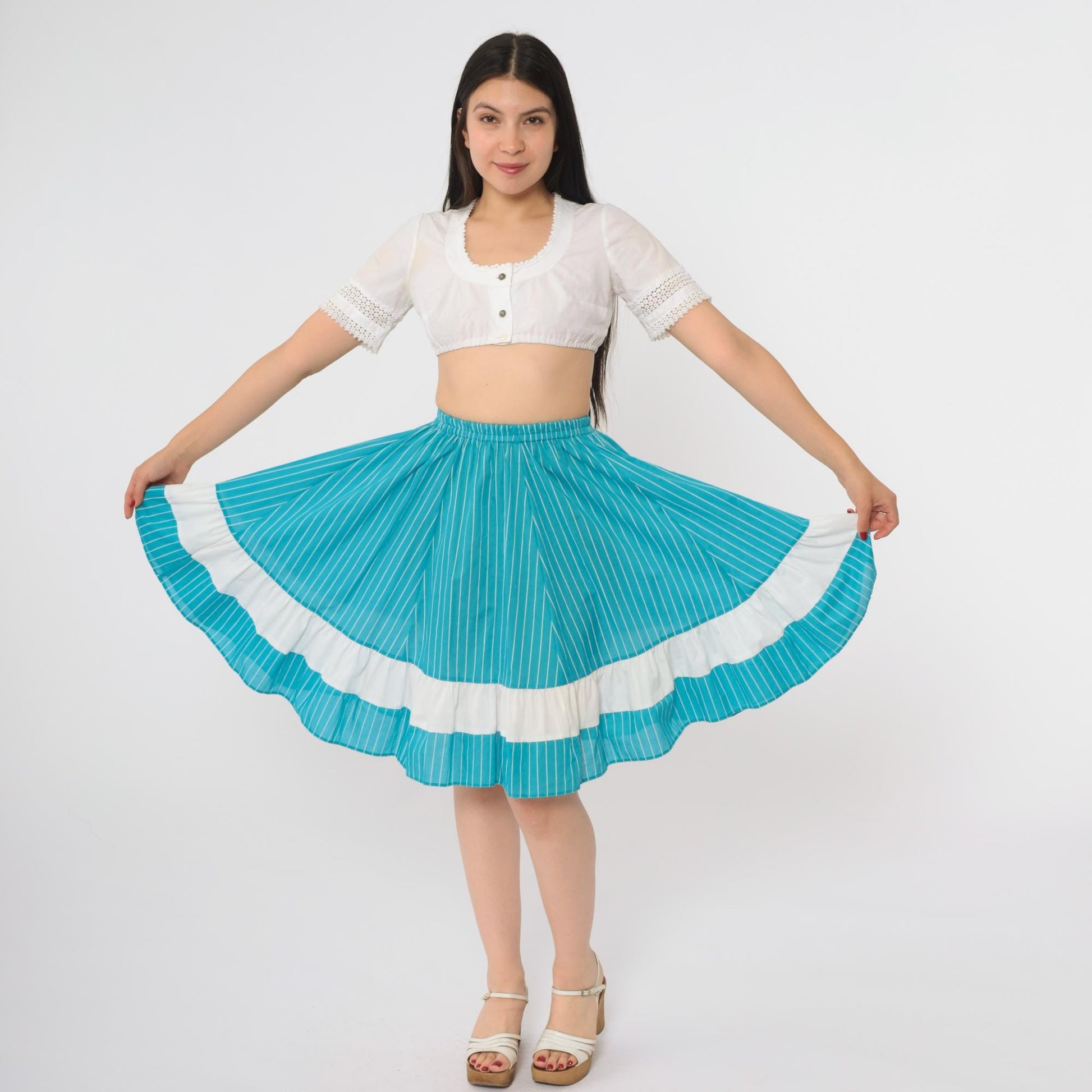 80s Kate Schorer Turquoise Striped Tiered Prairie Skirt Cotton Small