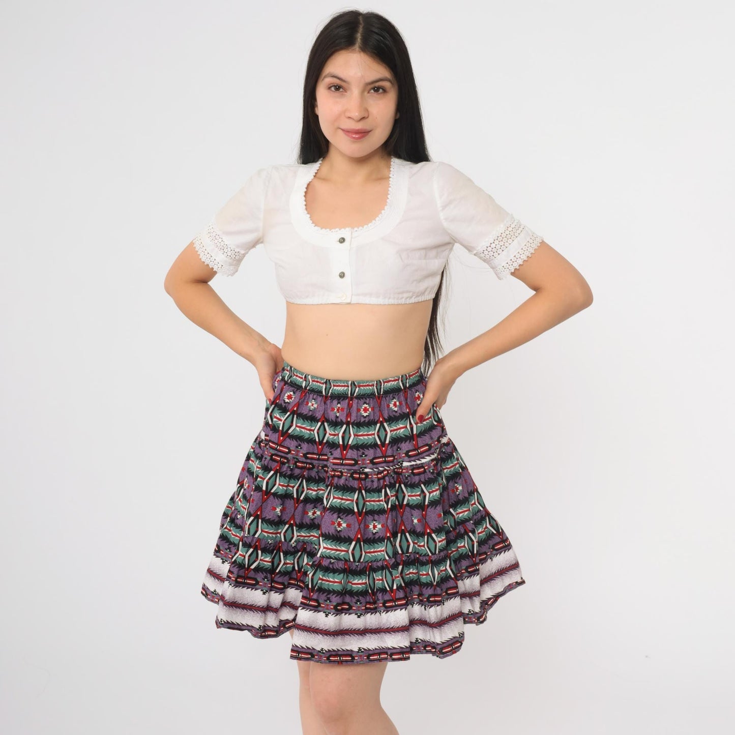 90s Roughrider Purple Green Geometric Southwest Circle Mini Skirt Extra Small