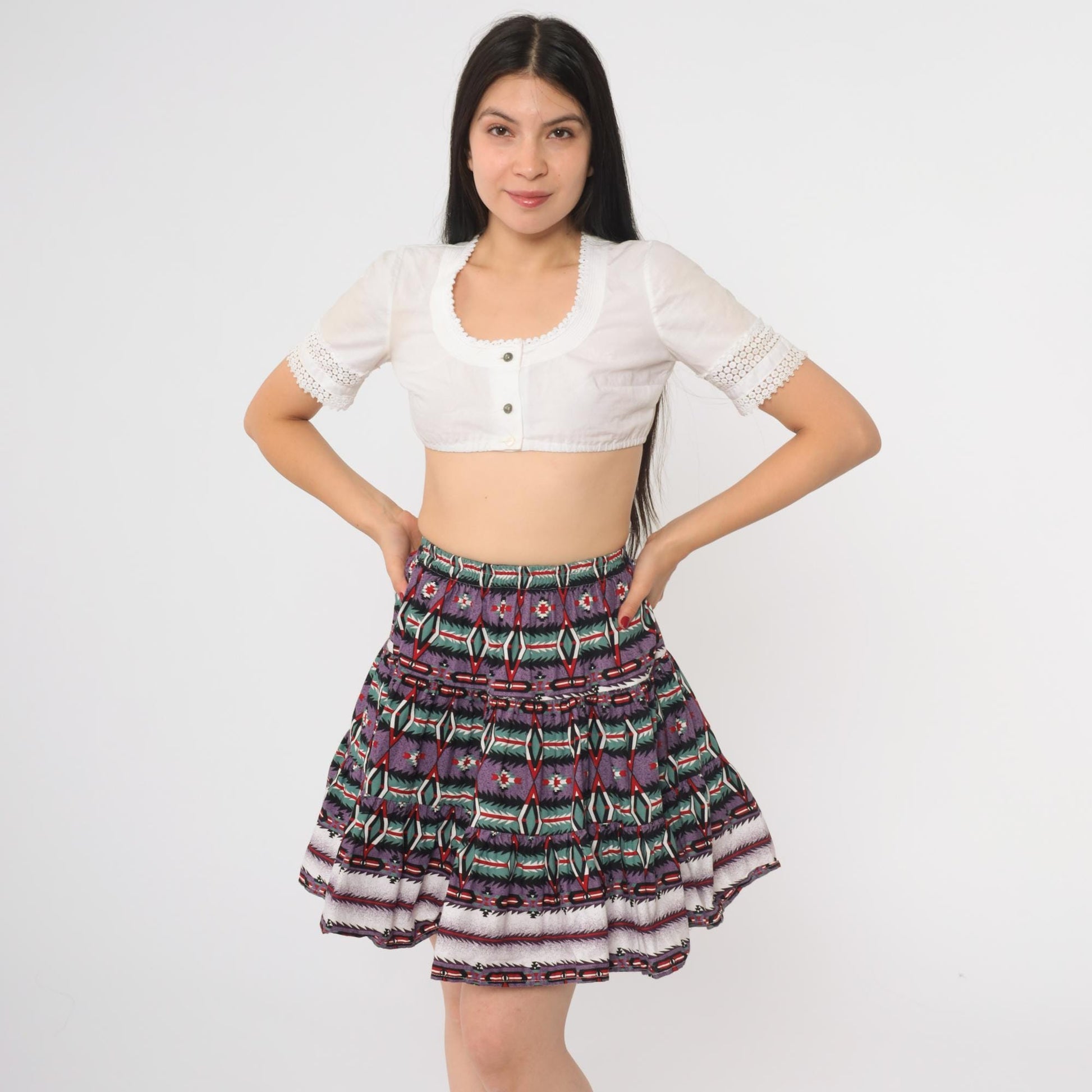 90s Roughrider Purple Green Geometric Southwest Circle Mini Skirt Extra Small