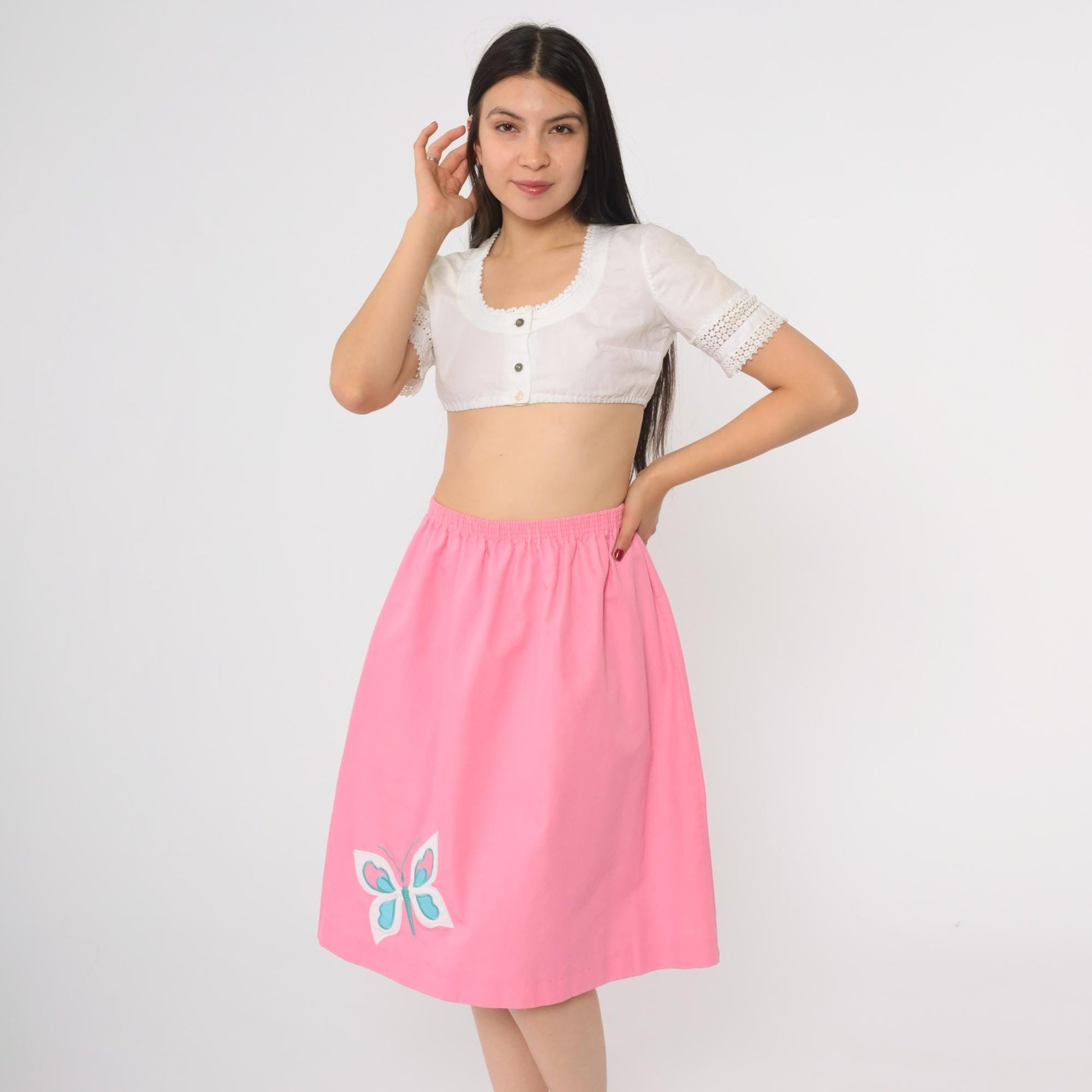 80s Hot Pink Butterfly Applique A-Line Midi Skirt Elastic Waist Large