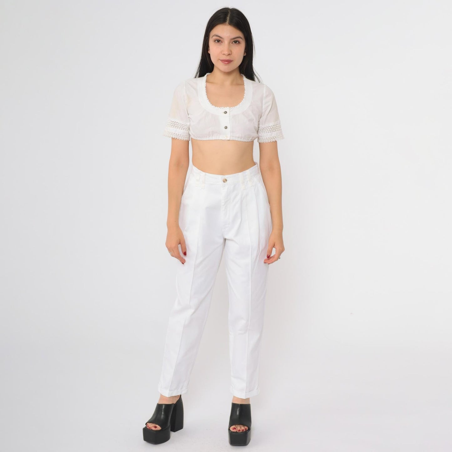 90s Chic White Cotton High-Waisted Straight Leg Trousers Petite 10