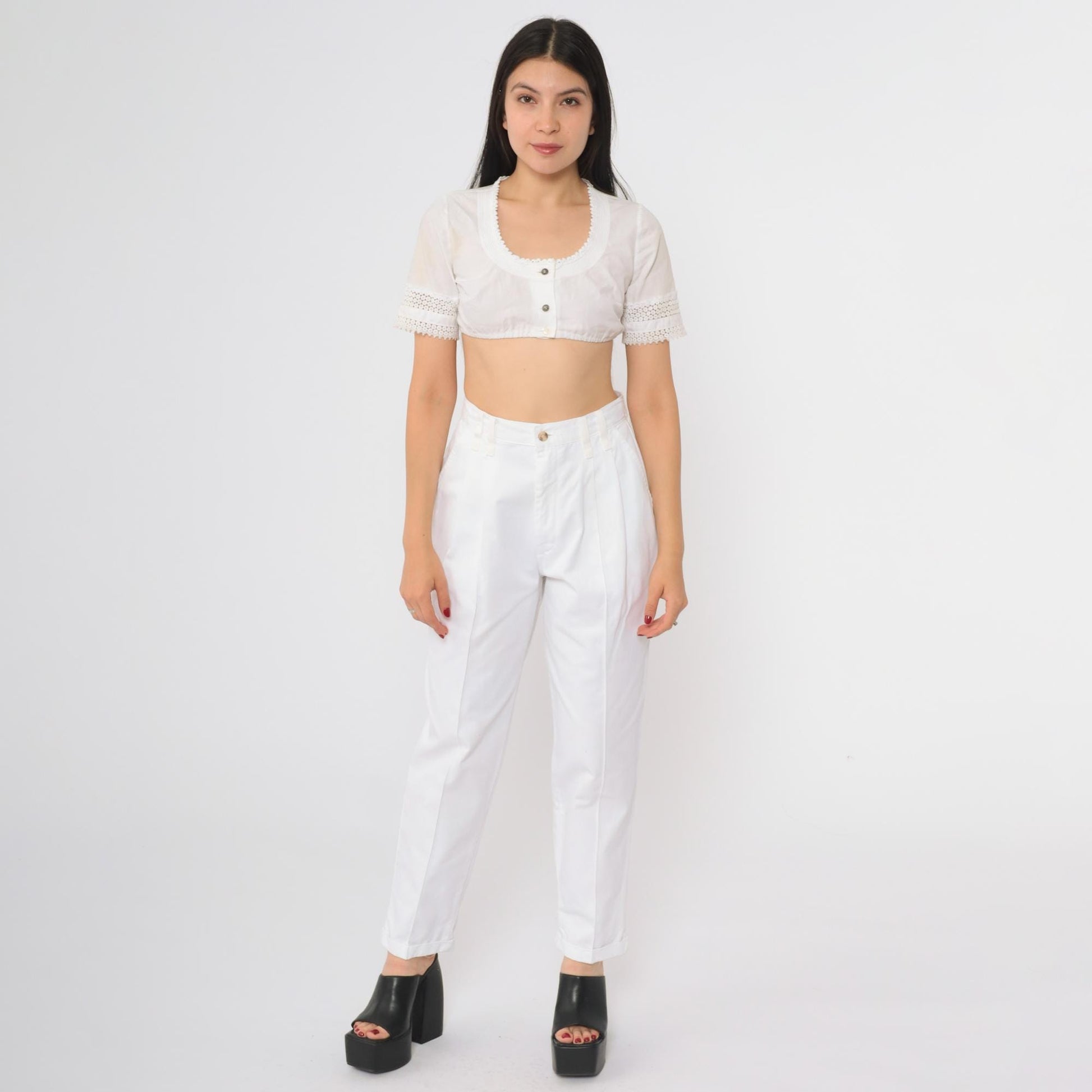 90s Chic White Cotton High-Waisted Straight Leg Trousers Petite 10