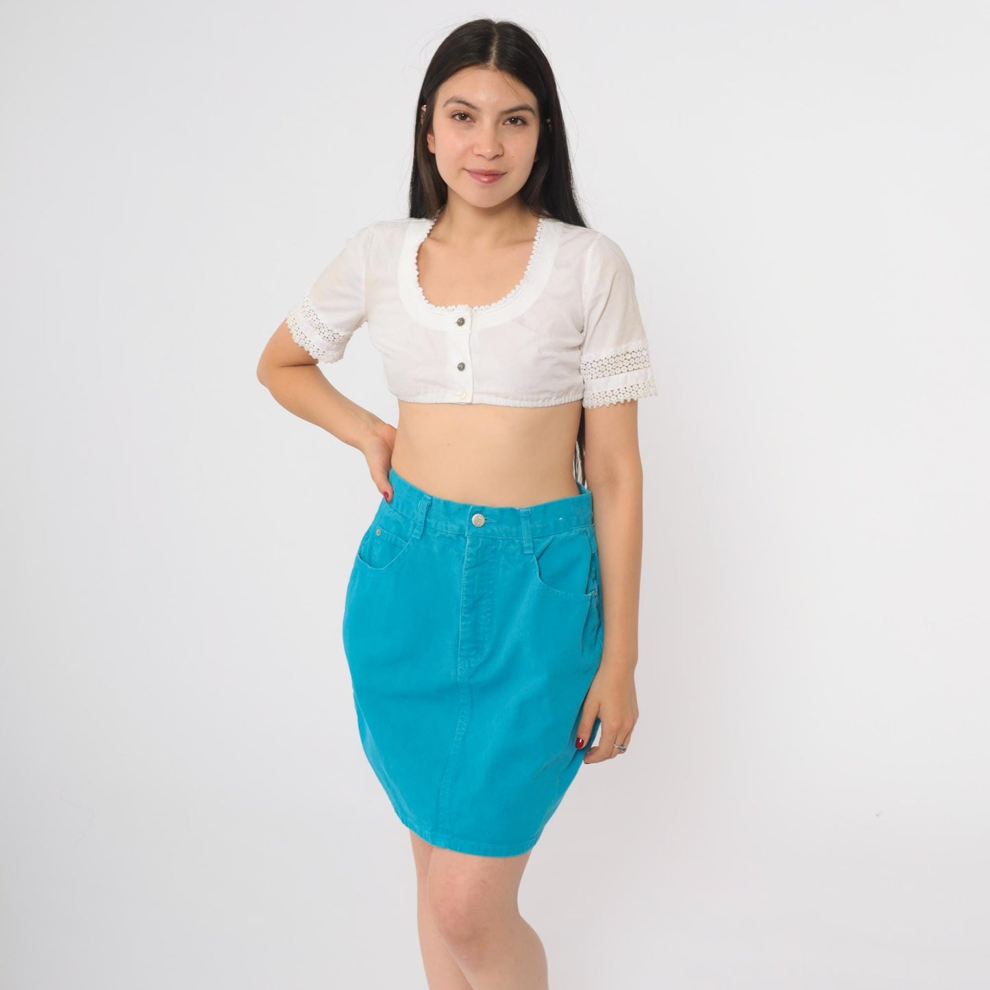 90s Steel Jeans Turquoise Denim Mini Skirt High Waisted A-Line Size 13