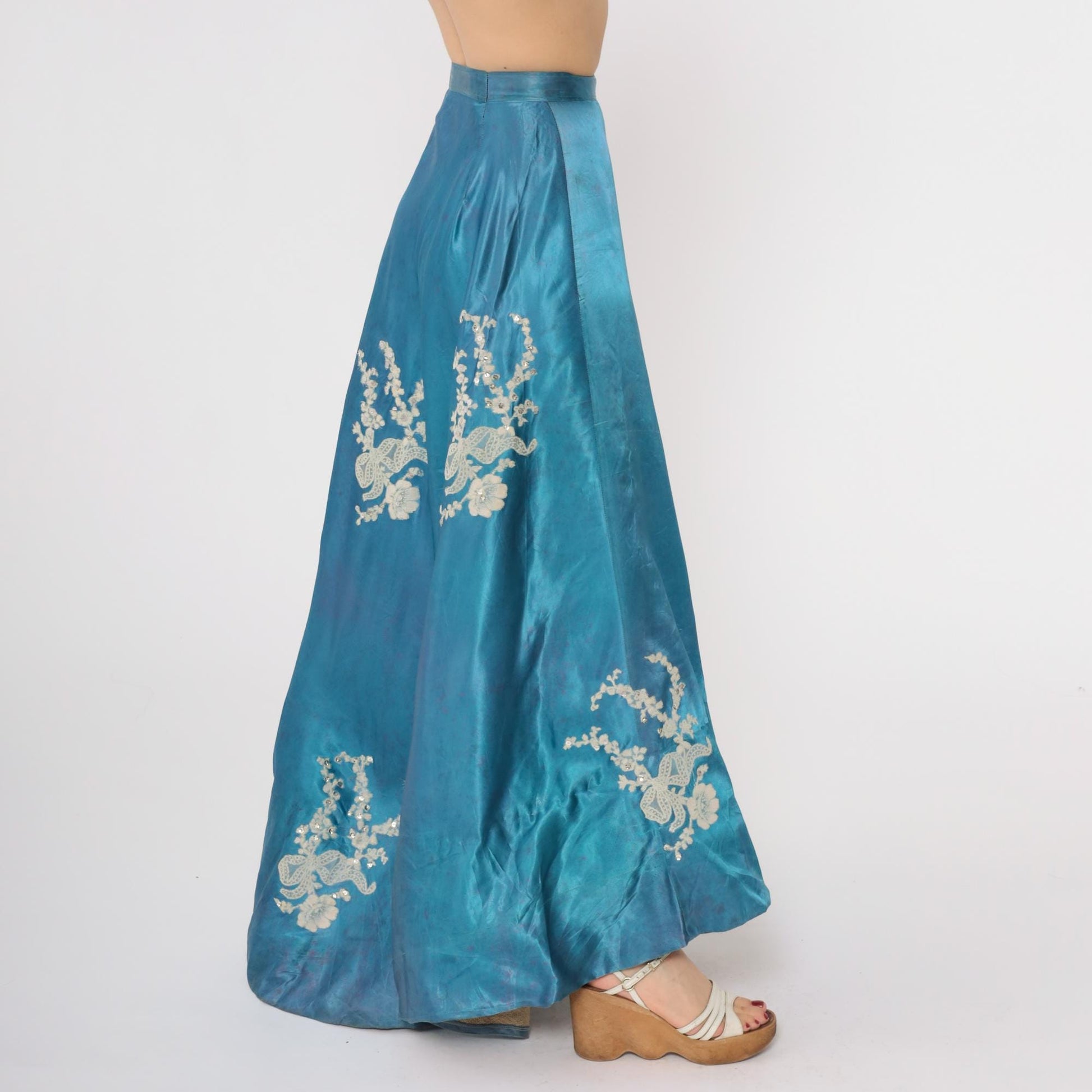 1940s Turquoise Circle Maxi Skirt Floral Embroidered High Waist XXS