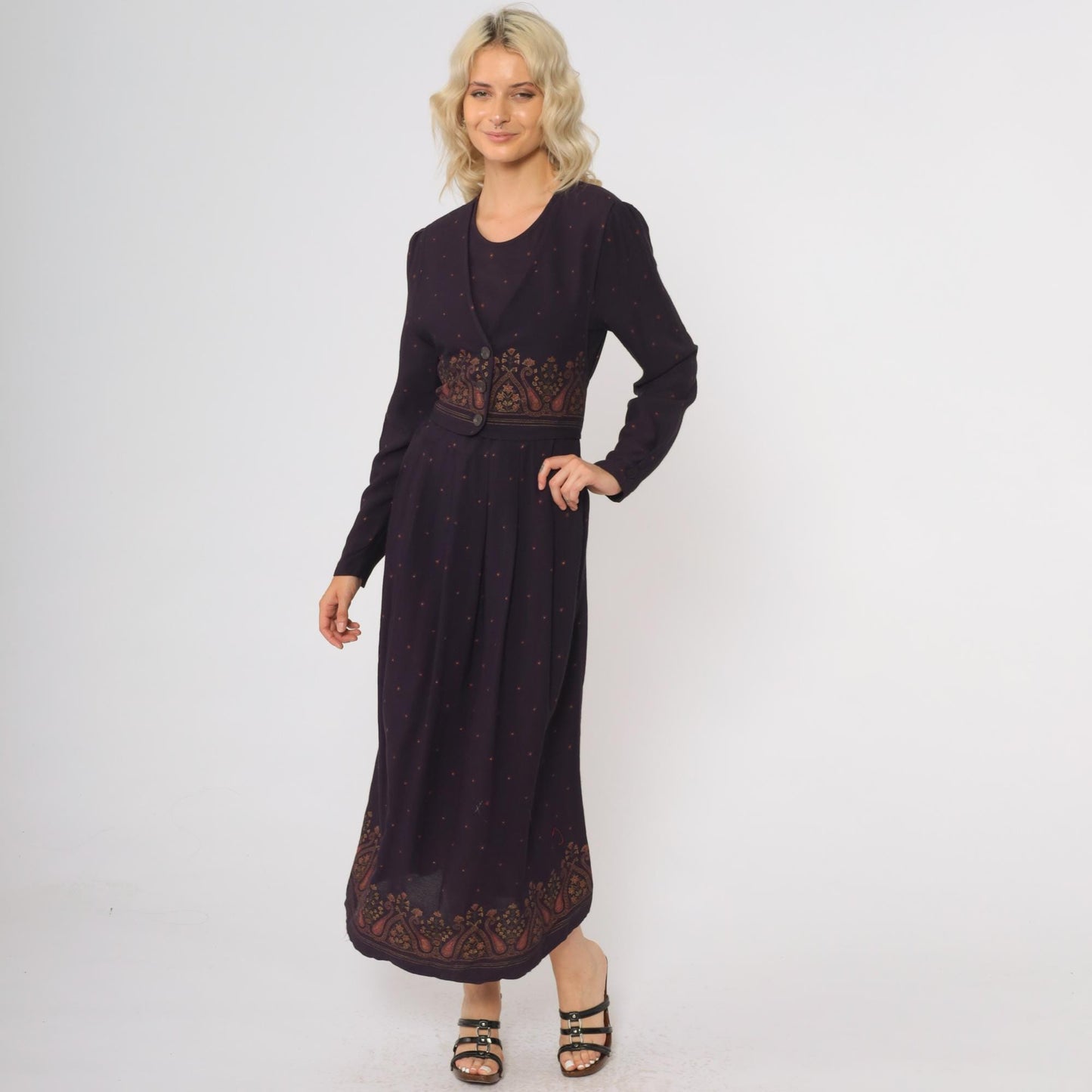 90s Dark Purple Maxi Dress Attached Vest Long Sleeve Paisley Border Small