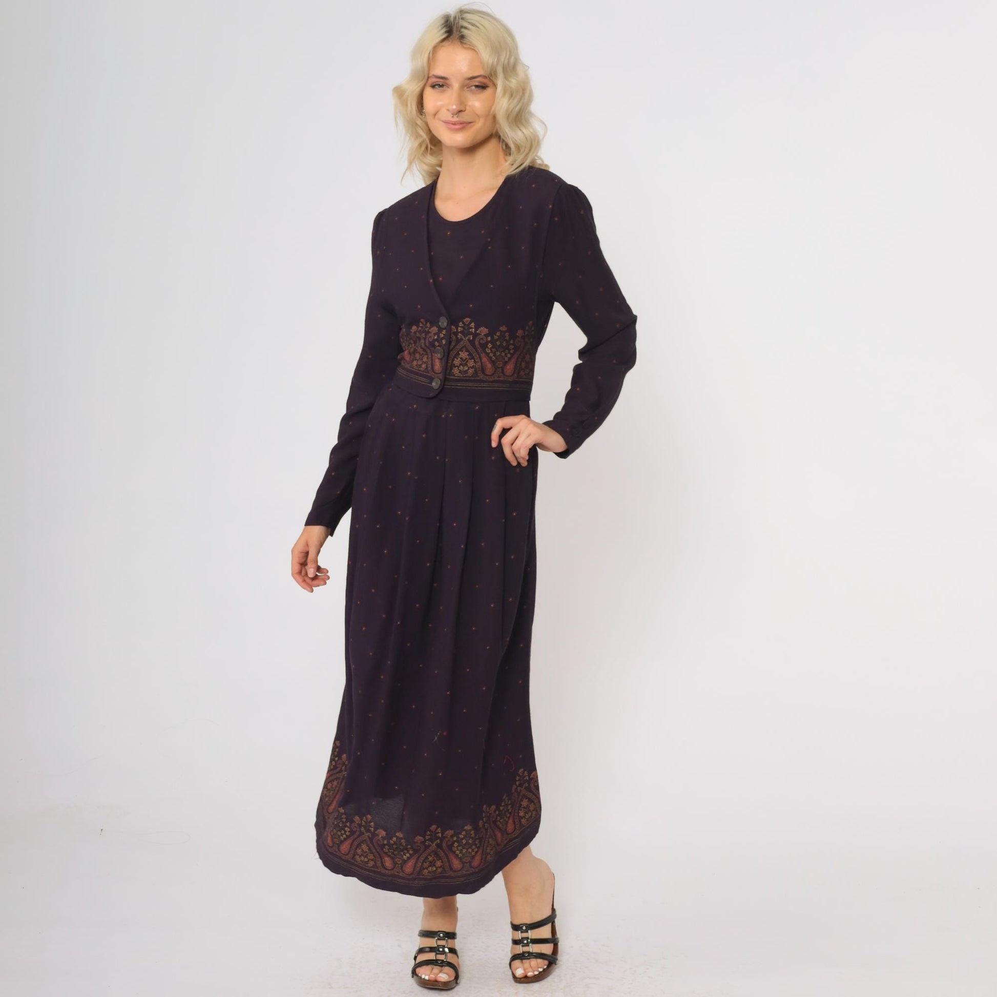 90s Dark Purple Maxi Dress Attached Vest Long Sleeve Paisley Border Small