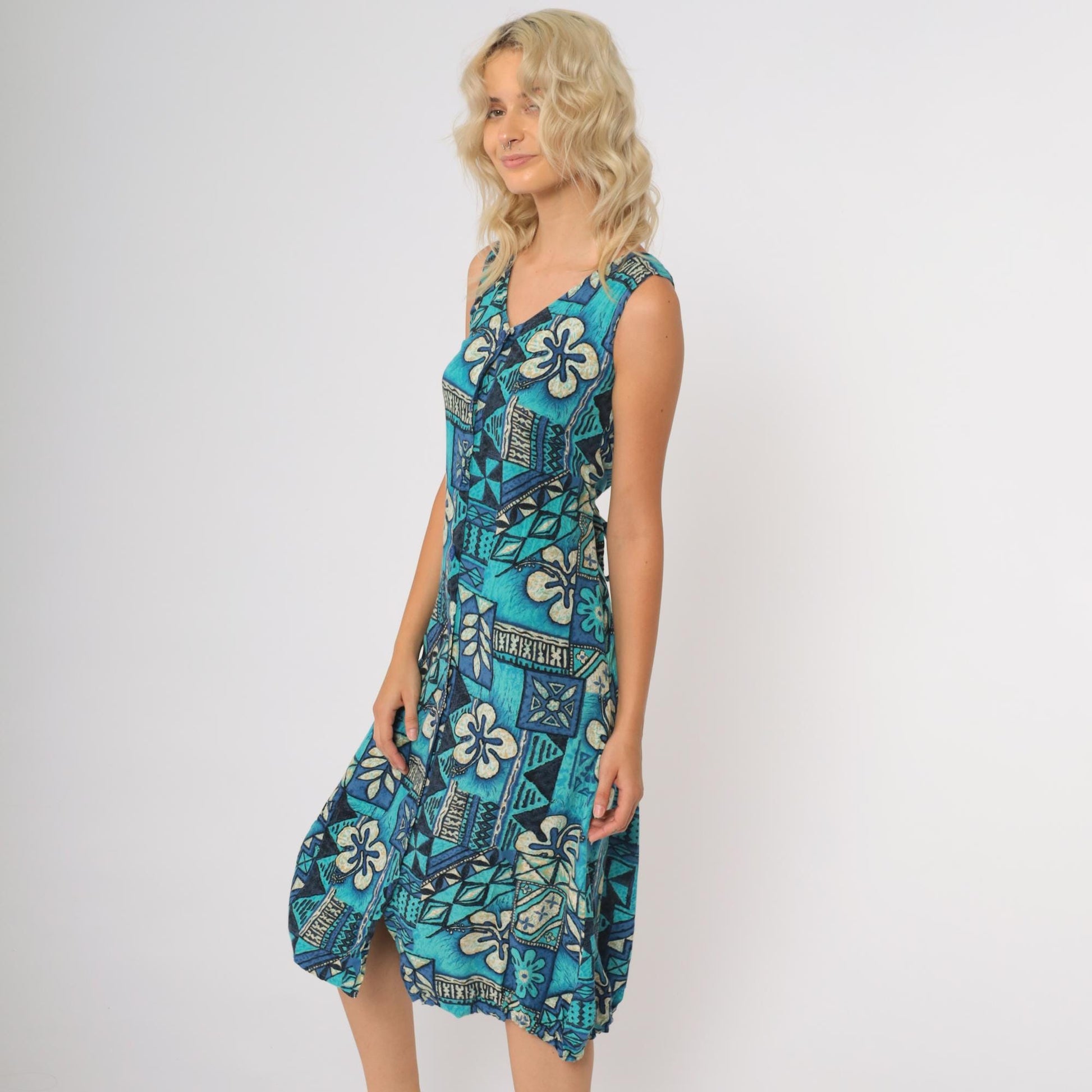 90s Blue Tropical Floral Midi Dress Sleeveless V Neck Hawaiian Print XS