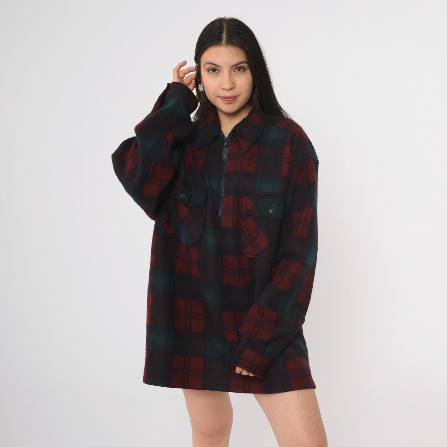 90s Badge Buffalo Check Plaid Shacket Green Burgundy Black Medium M