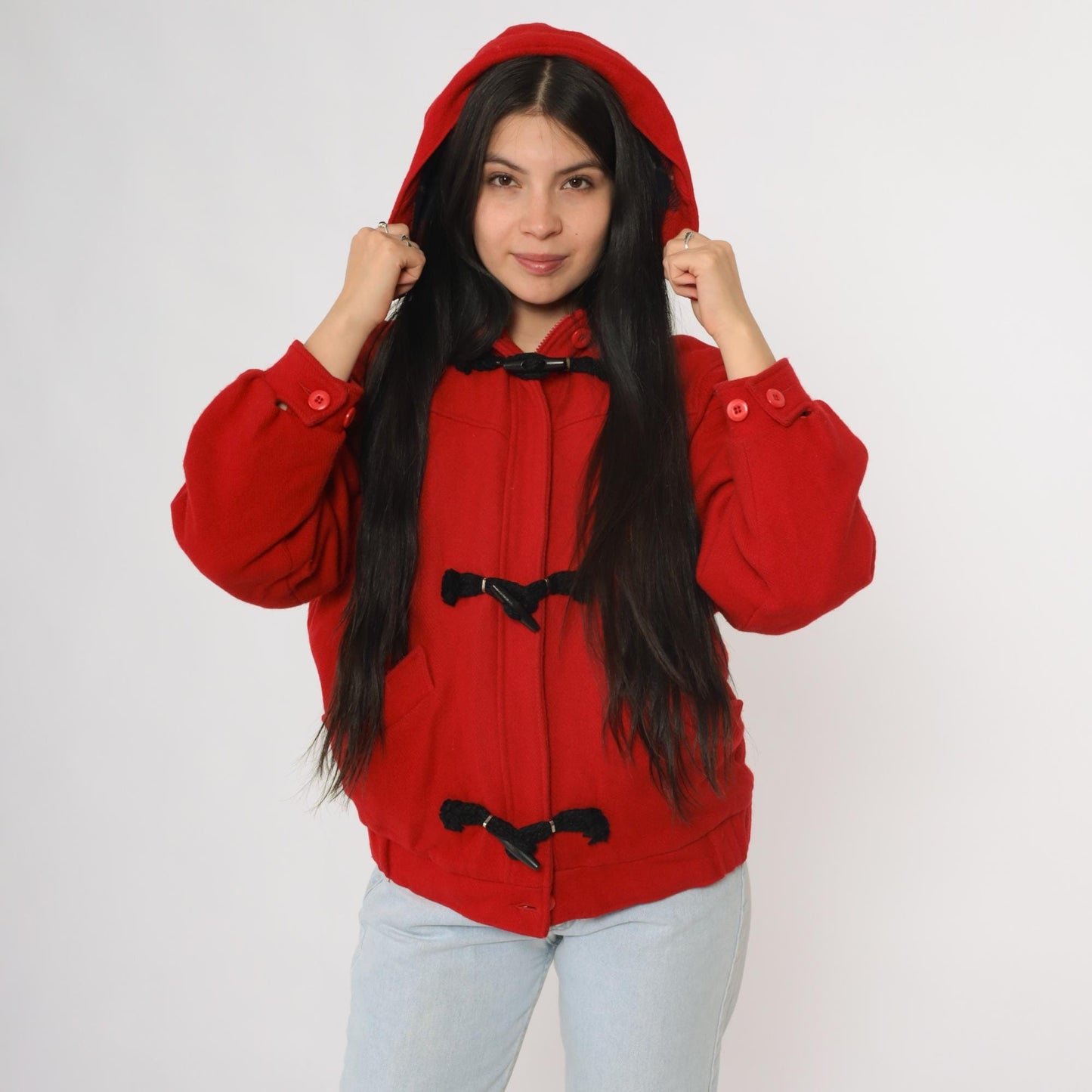 70s Woolrich Red Wool Duffle Coat Hooded Toggle Closures Plaid Lining Small