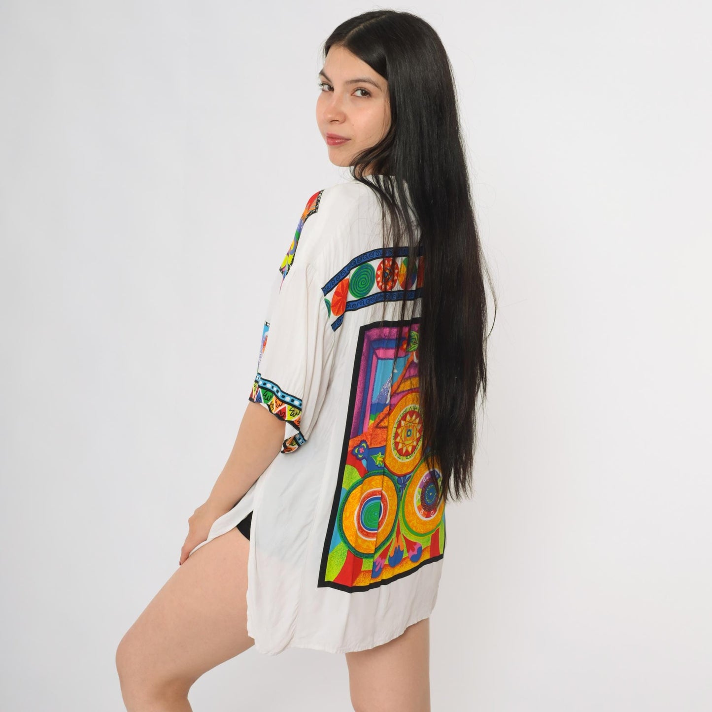 80s Platinum by Dorothy Schoelen Psychedelic Mandala Button Up Shirt White Large