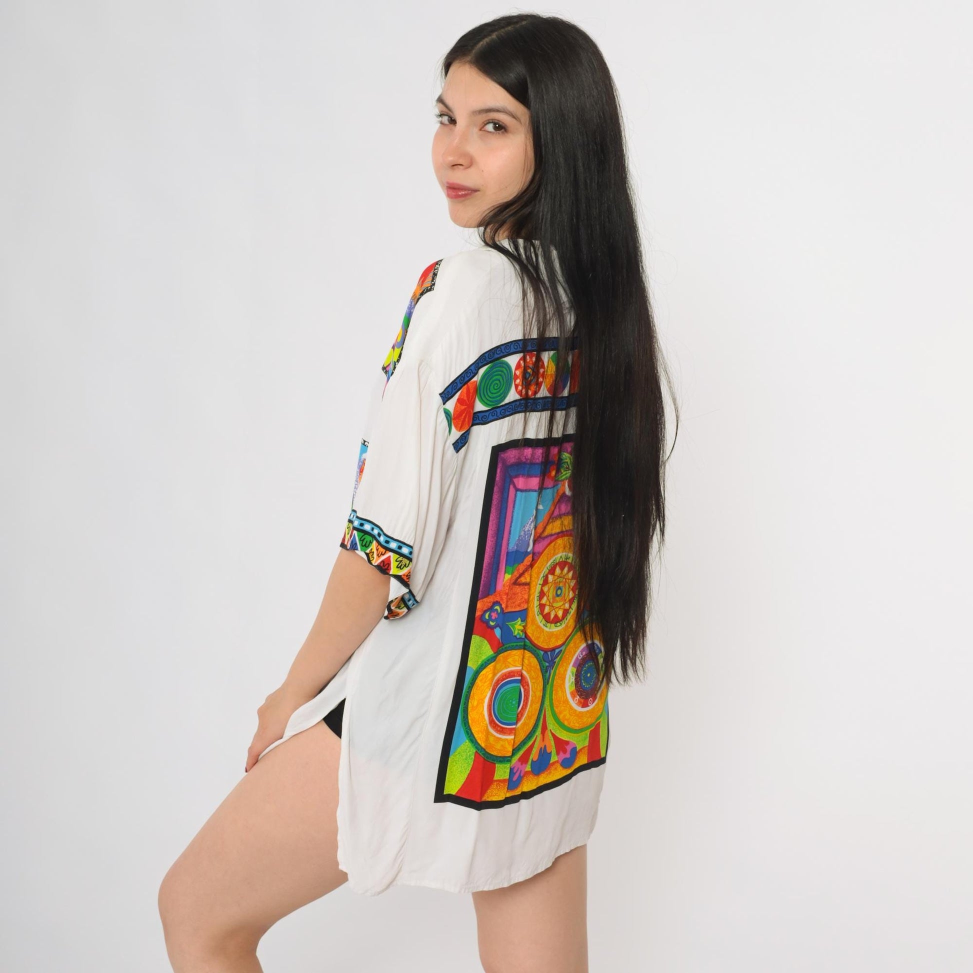 80s Platinum by Dorothy Schoelen Psychedelic Mandala Button Up Shirt White Large