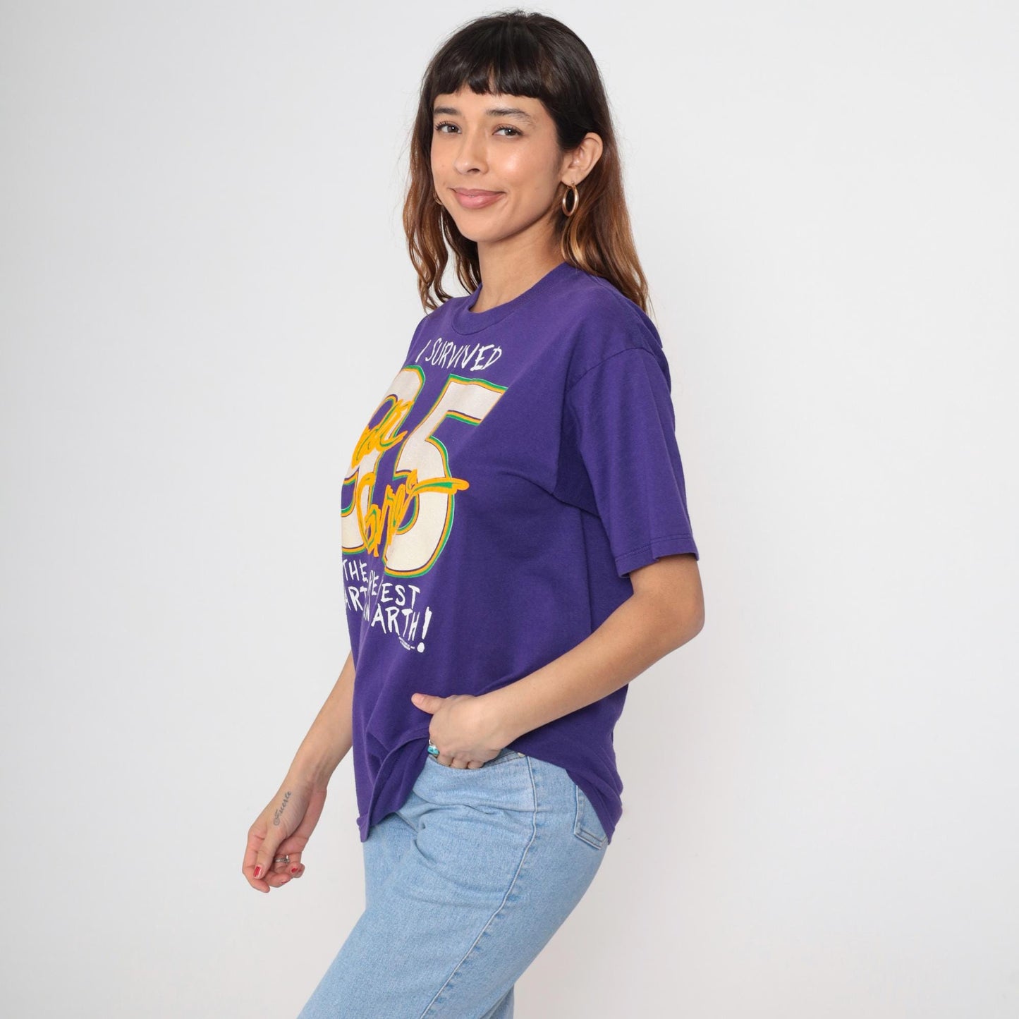 90s Mardi Gras 1995 Novelty Tee Purple Graphic Crewneck Large L