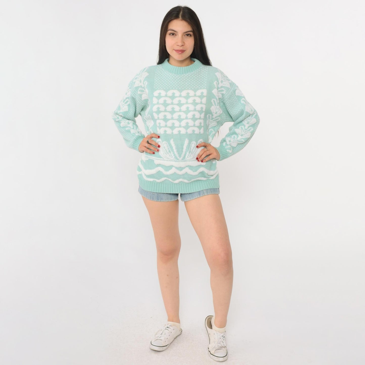 80s Mint Green Geometric Knit Sweater Crewneck Pullover Medium Petite