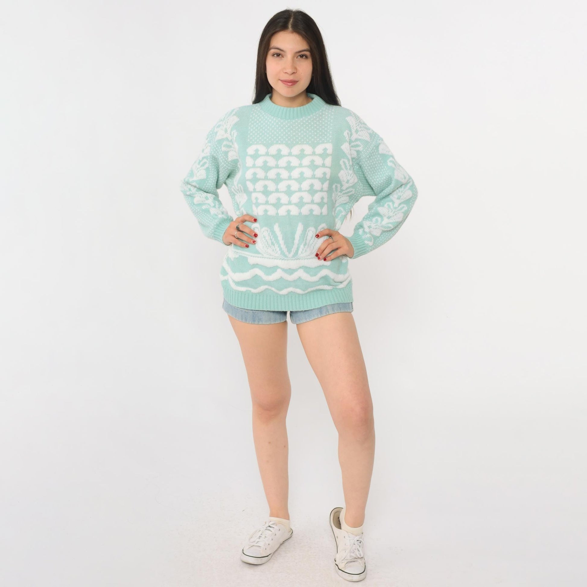 80s Mint Green Geometric Knit Sweater Crewneck Pullover Medium Petite