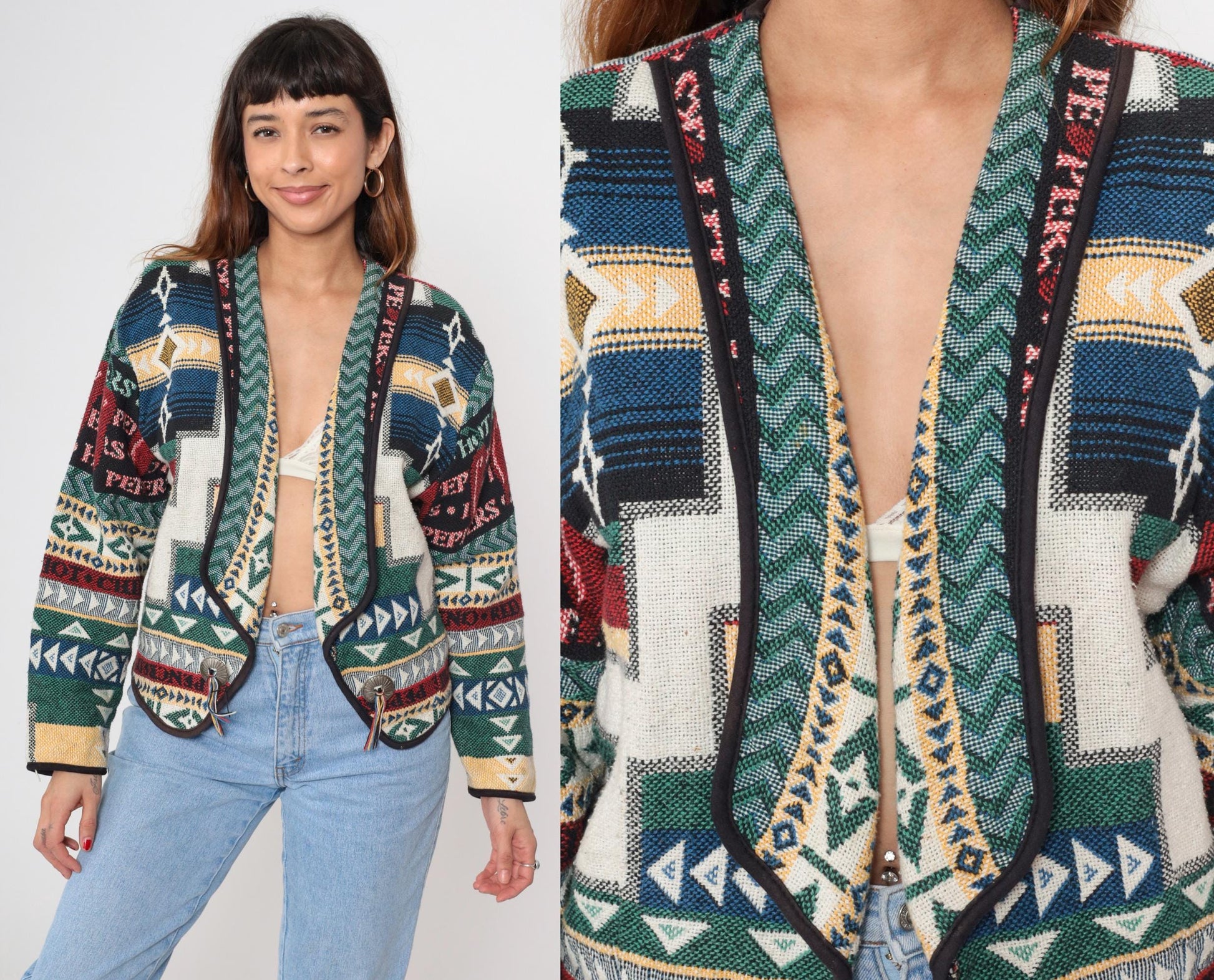 90s Southwestern Tapestry Blazer Kokopelli Geometric Cotton Woven Medium M