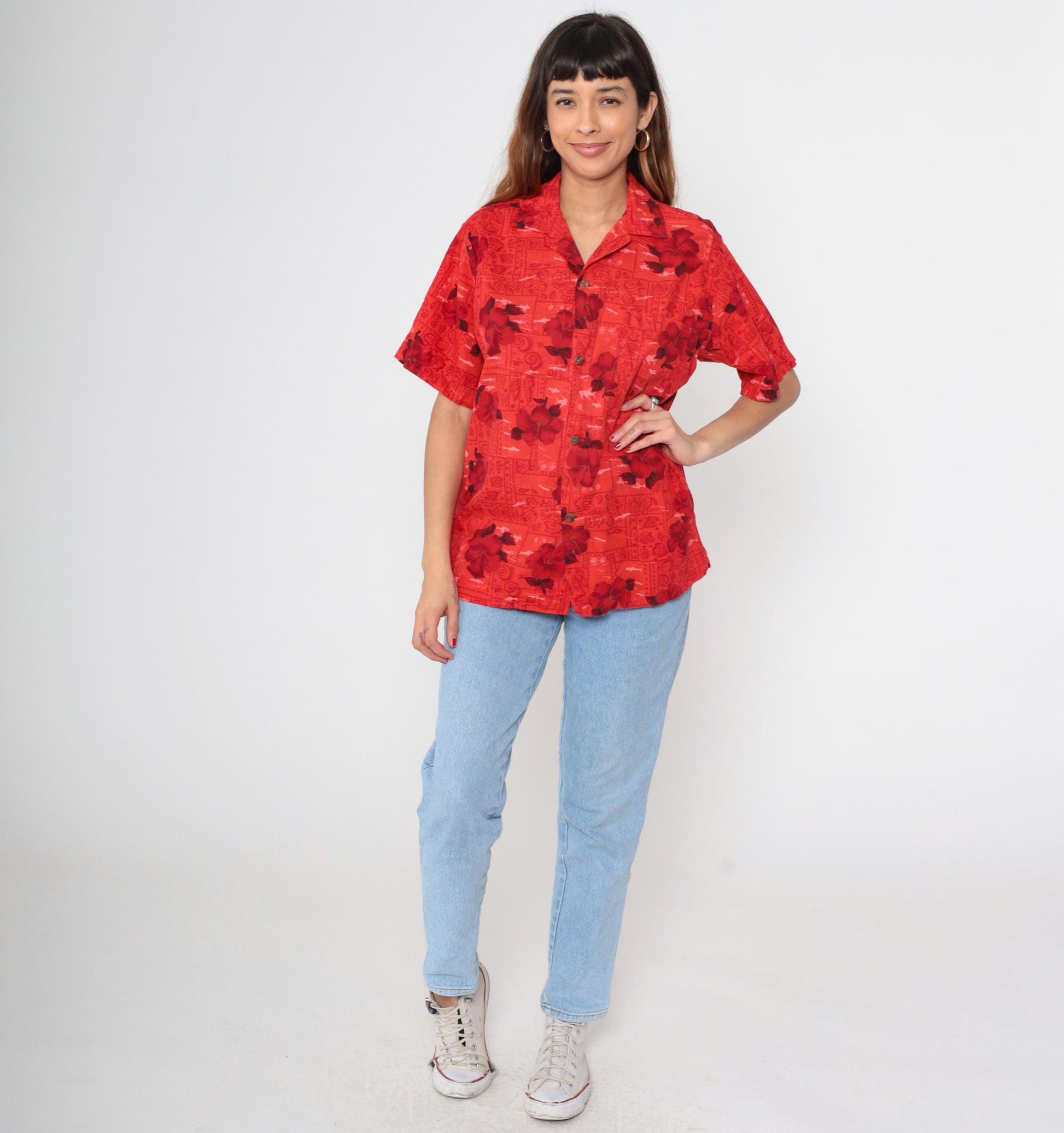 70s Hawaiian Shirt Red Floral Hibiscus Fish Print Cotton Button Up Medium