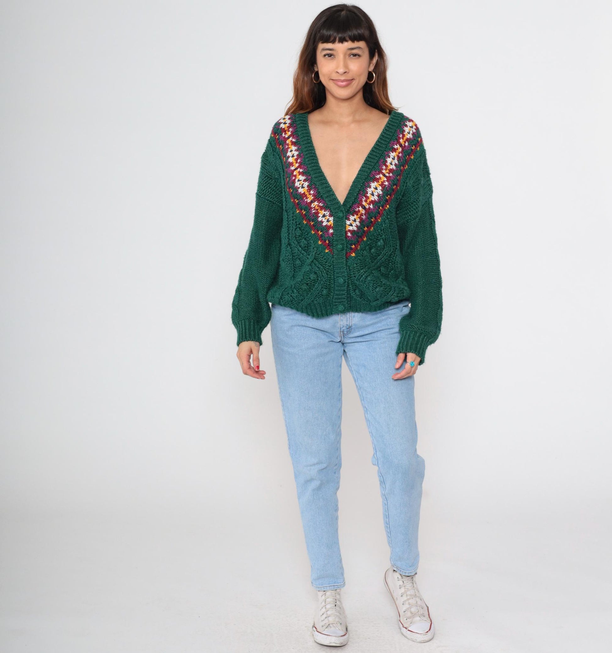 90s Contrasts Cable Knit Cardigan Forest Green Fair Isle V-Neck Medium M