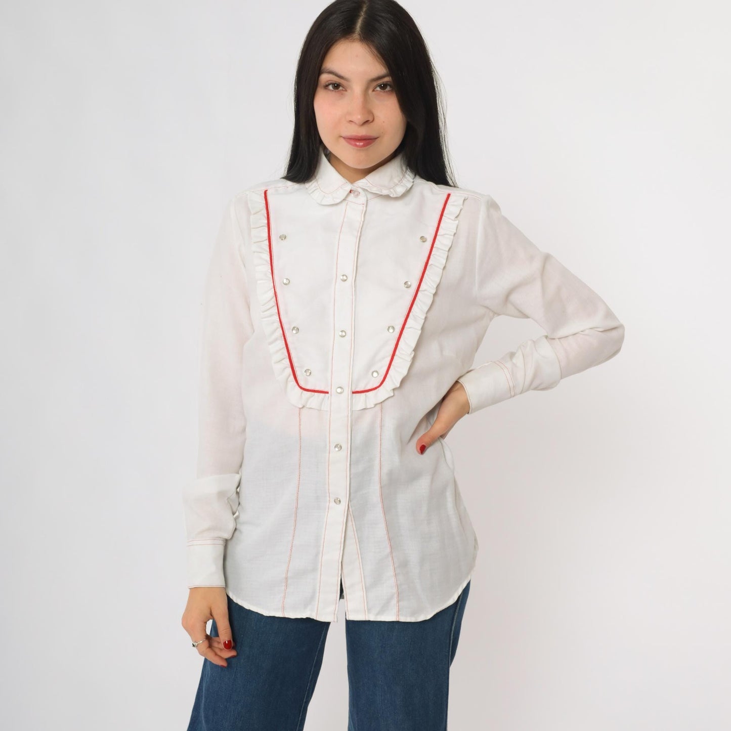 80s Rockmount Ranch Wear Western Bib Shirt White Red Piping Pearl Snap Medium