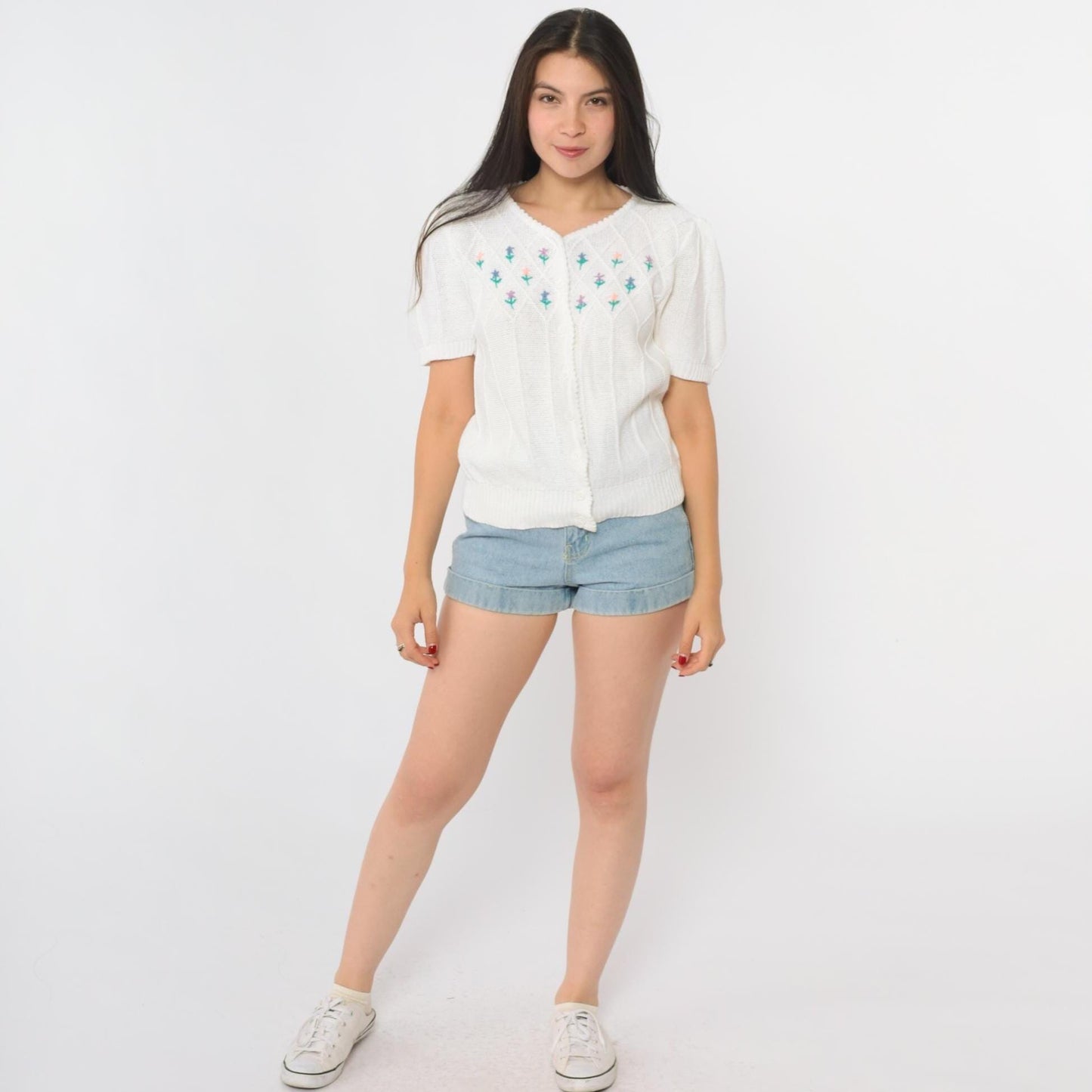 80s Astorone White Cardigan Short Sleeve Embroidered Floral V-Neck Medium M