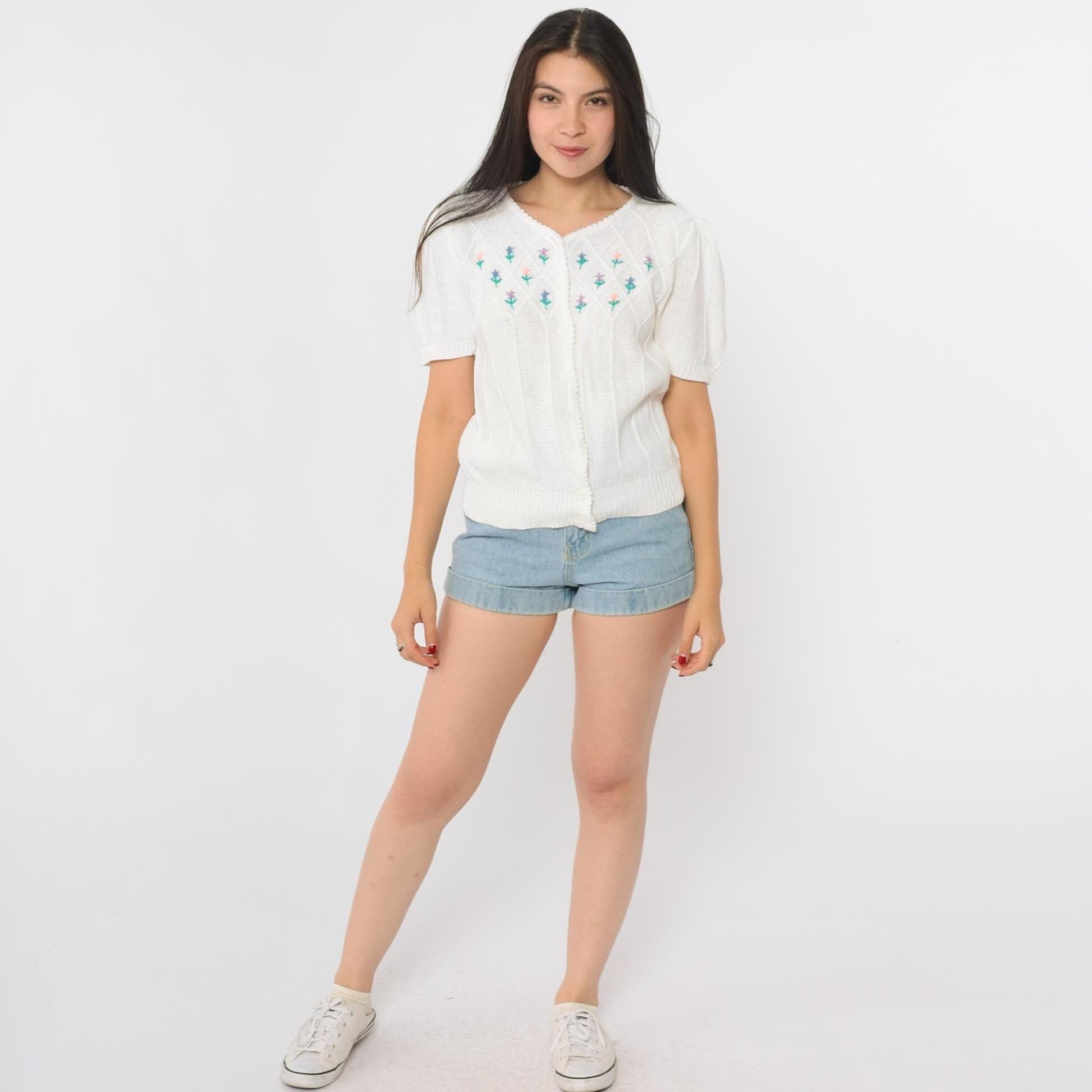 80s Astorone White Cardigan Short Sleeve Embroidered Floral V-Neck Medium M