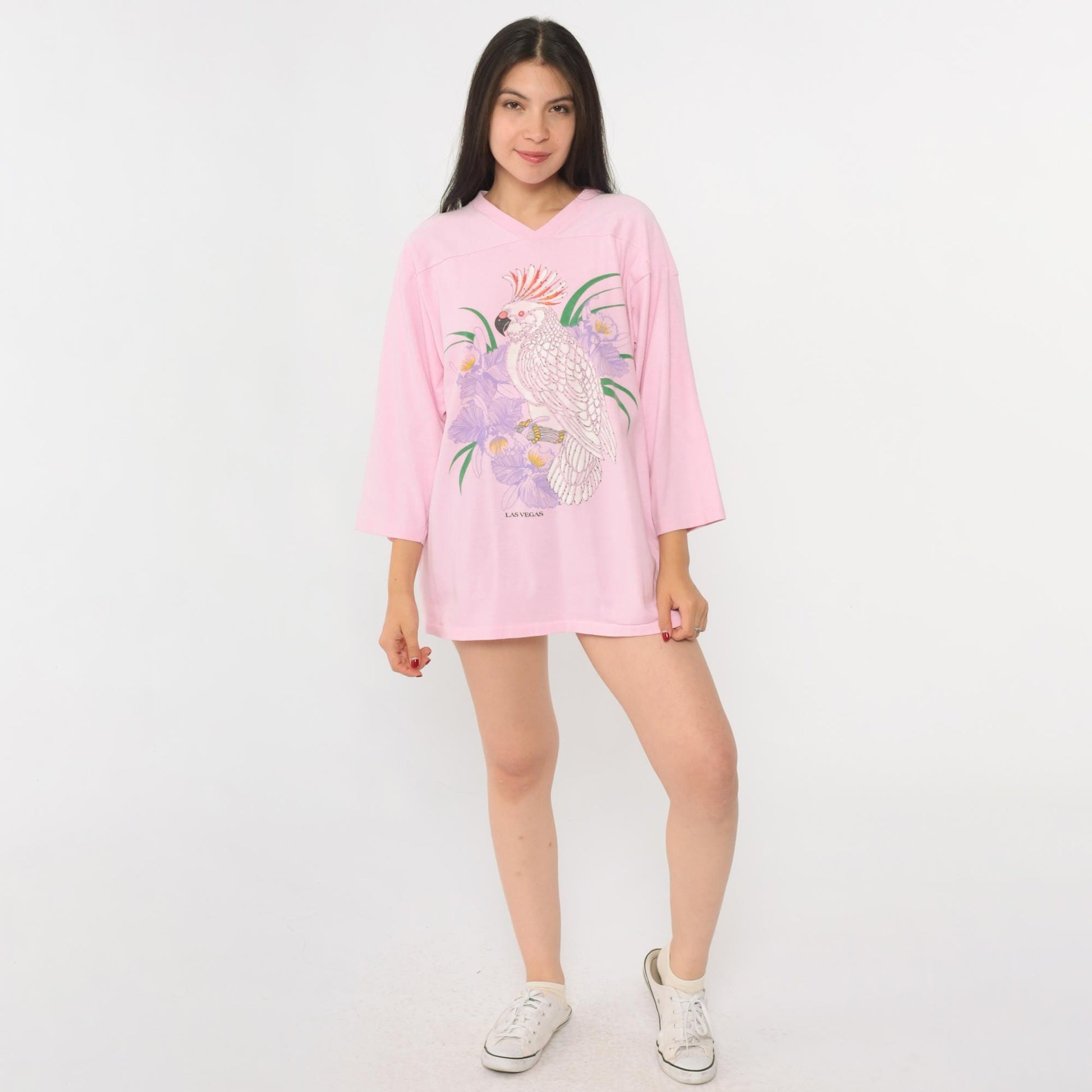 90s Miller Pink Cockatoo Bird V-Neck Shirt Three Quarter Sleeve Large L