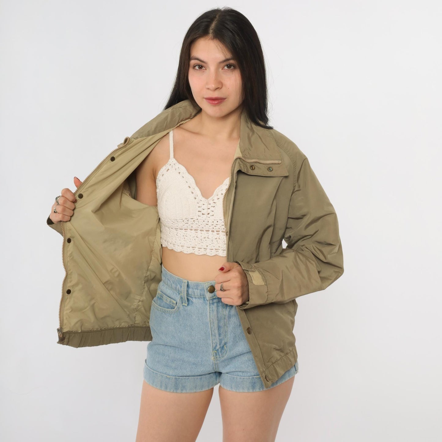 LL Bean Khaki Bomber Jacket 90s Zip Front Utility Flight Windbreaker Small