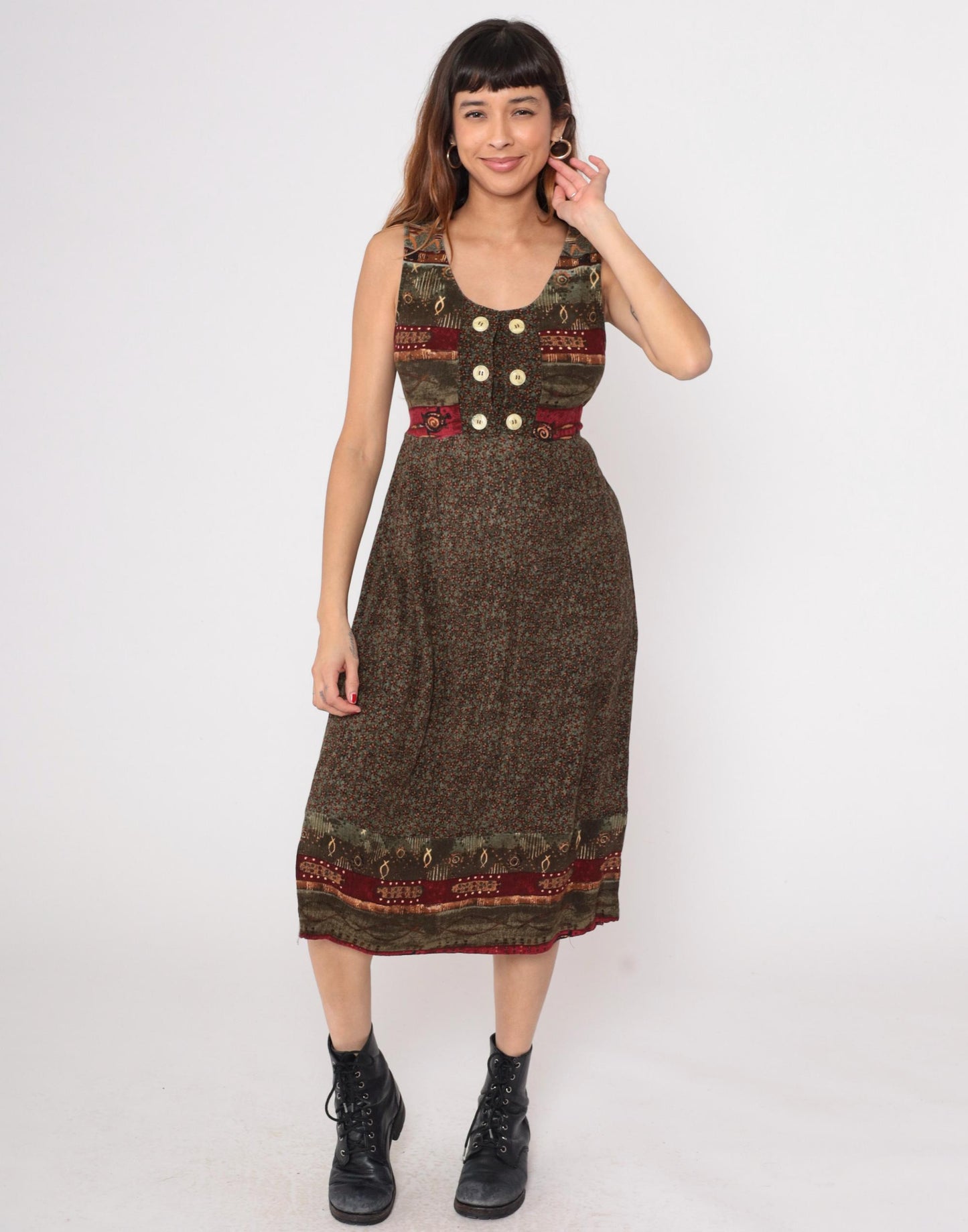 90s Patchwork Midi Dress Tribal Print Button Front Sleeveless Small S