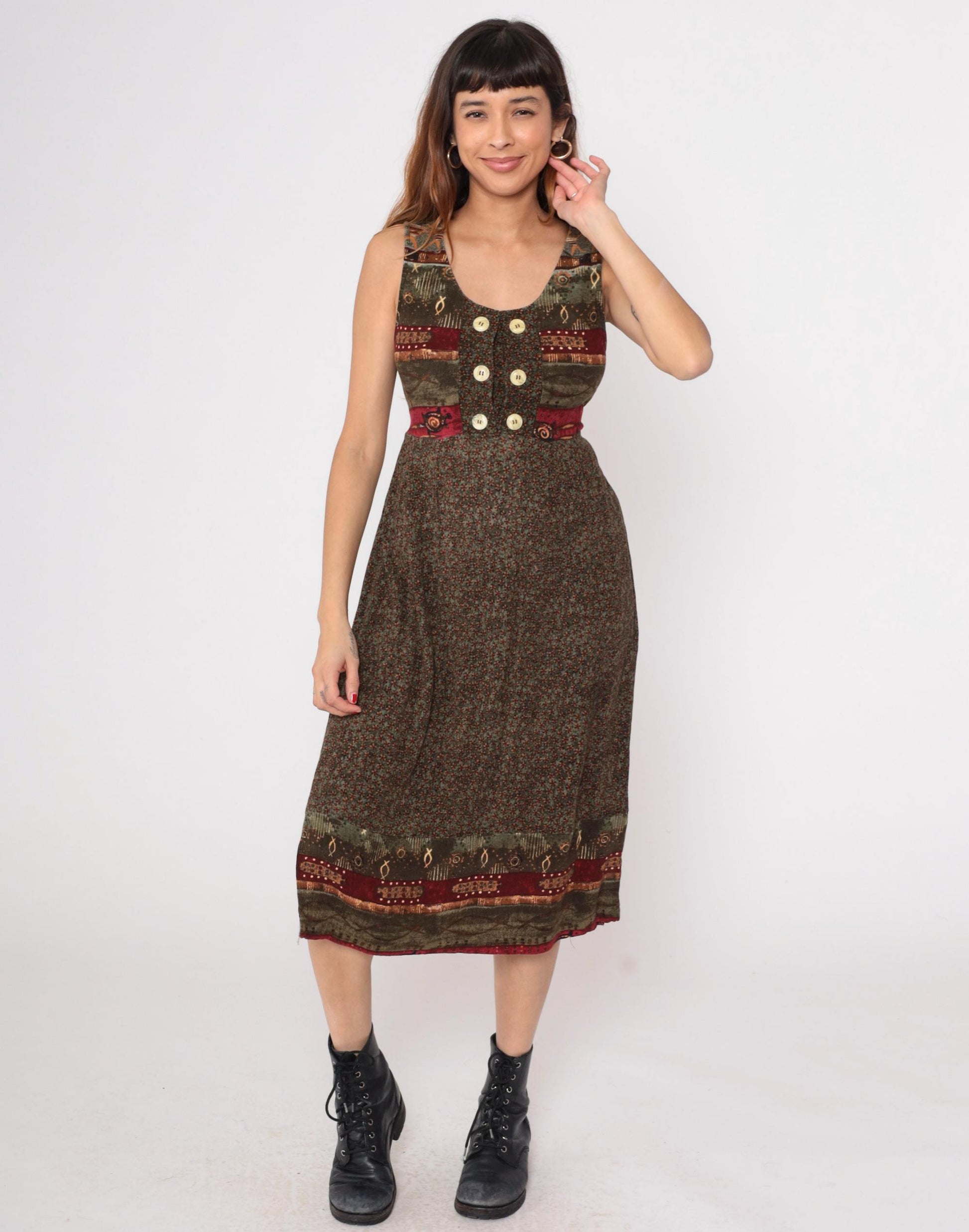 90s Patchwork Midi Dress Tribal Print Button Front Sleeveless Small S