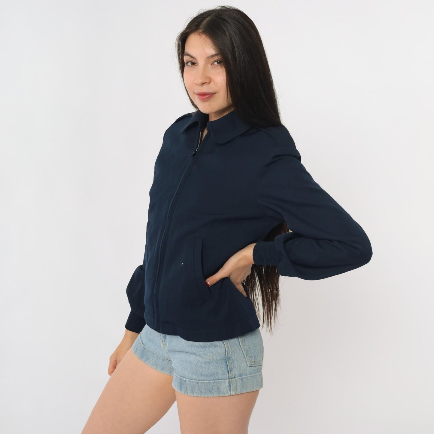 Y2K Navy Bomber Jacket Wool Blend Zip Front Ribbed Cuffs Small S