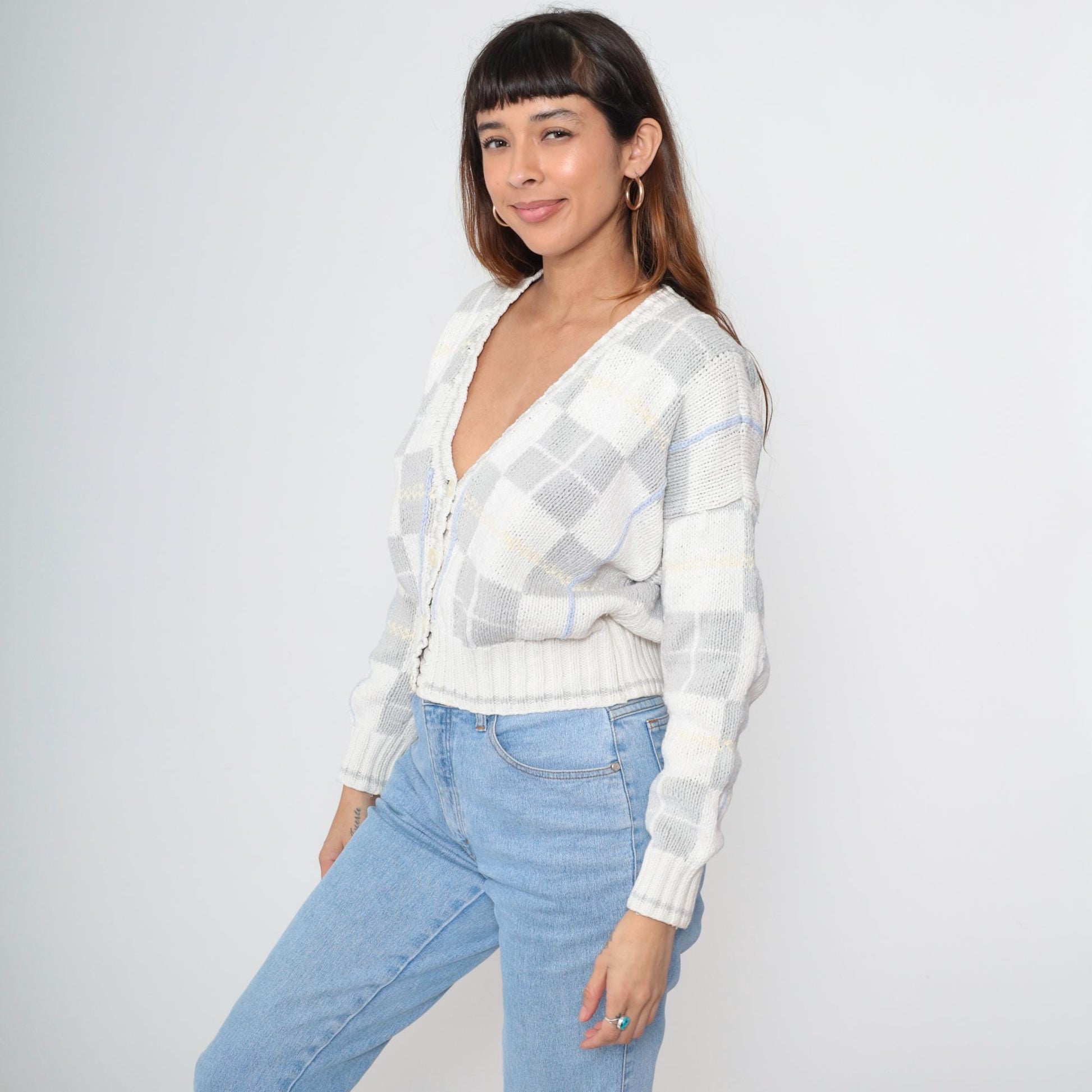 90s Liz Sport Cropped Cardigan Pastel Stripe V-Neck Cotton Medium M