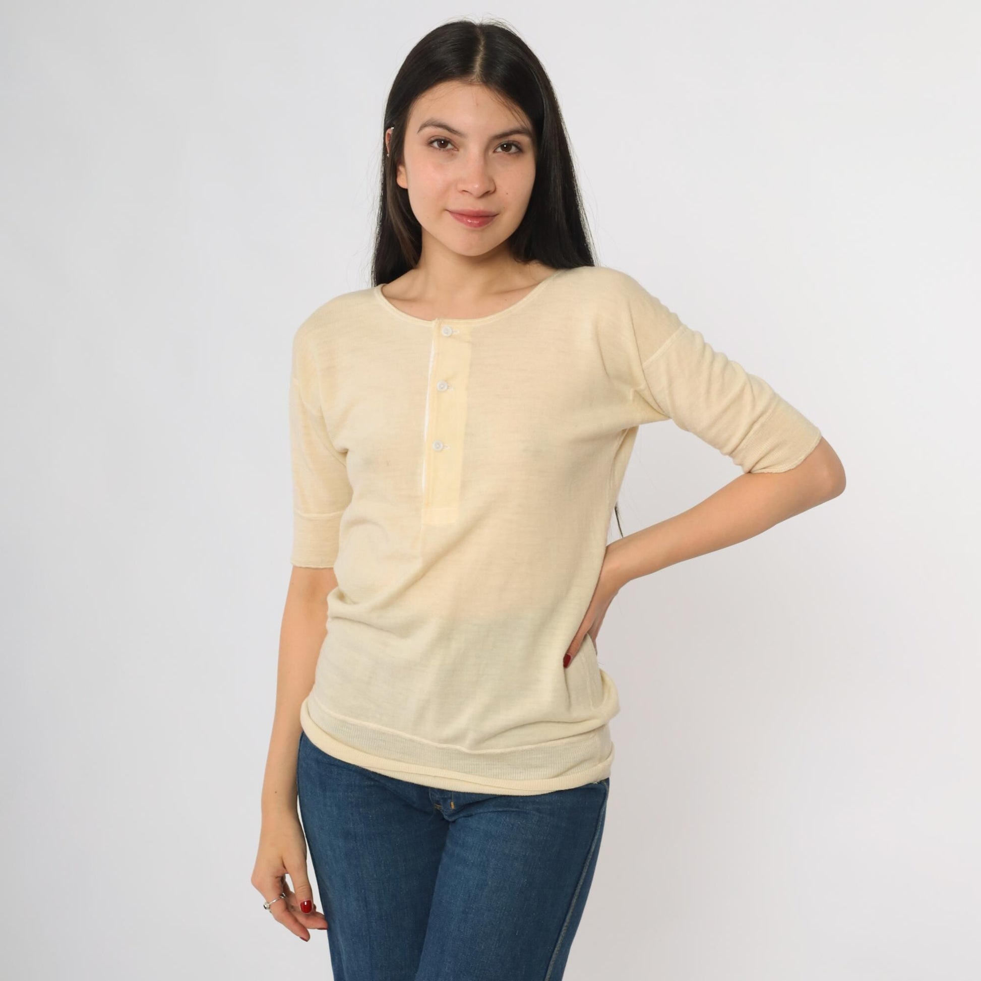 1940s Shepherd Cream Wool Cardigan Three Quarter Sleeve Button Front Small