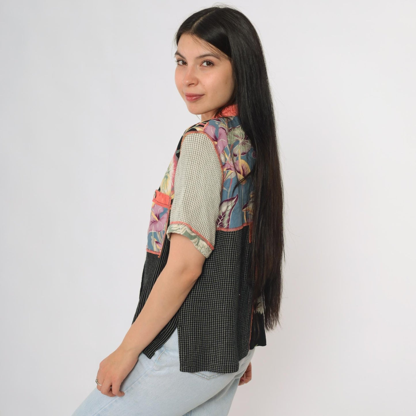 90s Faith Patchwork Hawaiian Shirt Tropical Print Button Front Small S