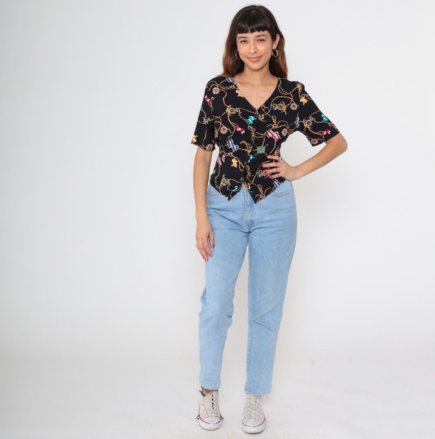 90s Kathie Lee Nautical Print Blouse Black Button-Front Short Sleeve Medium