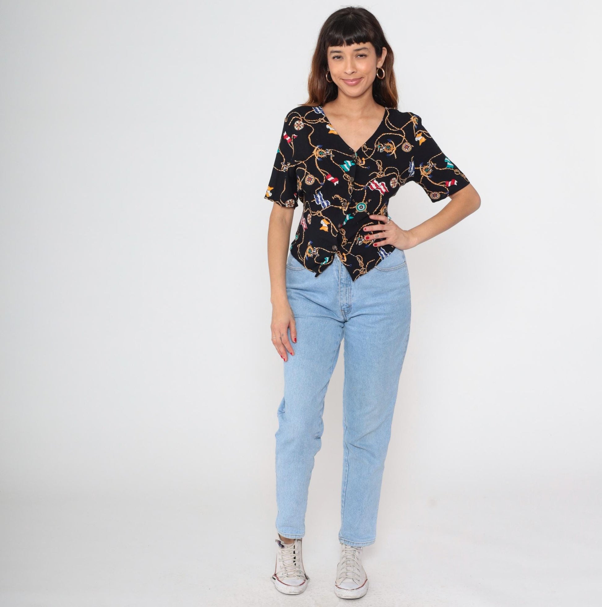 90s Kathie Lee Nautical Print Blouse Black Button-Front Short Sleeve Medium