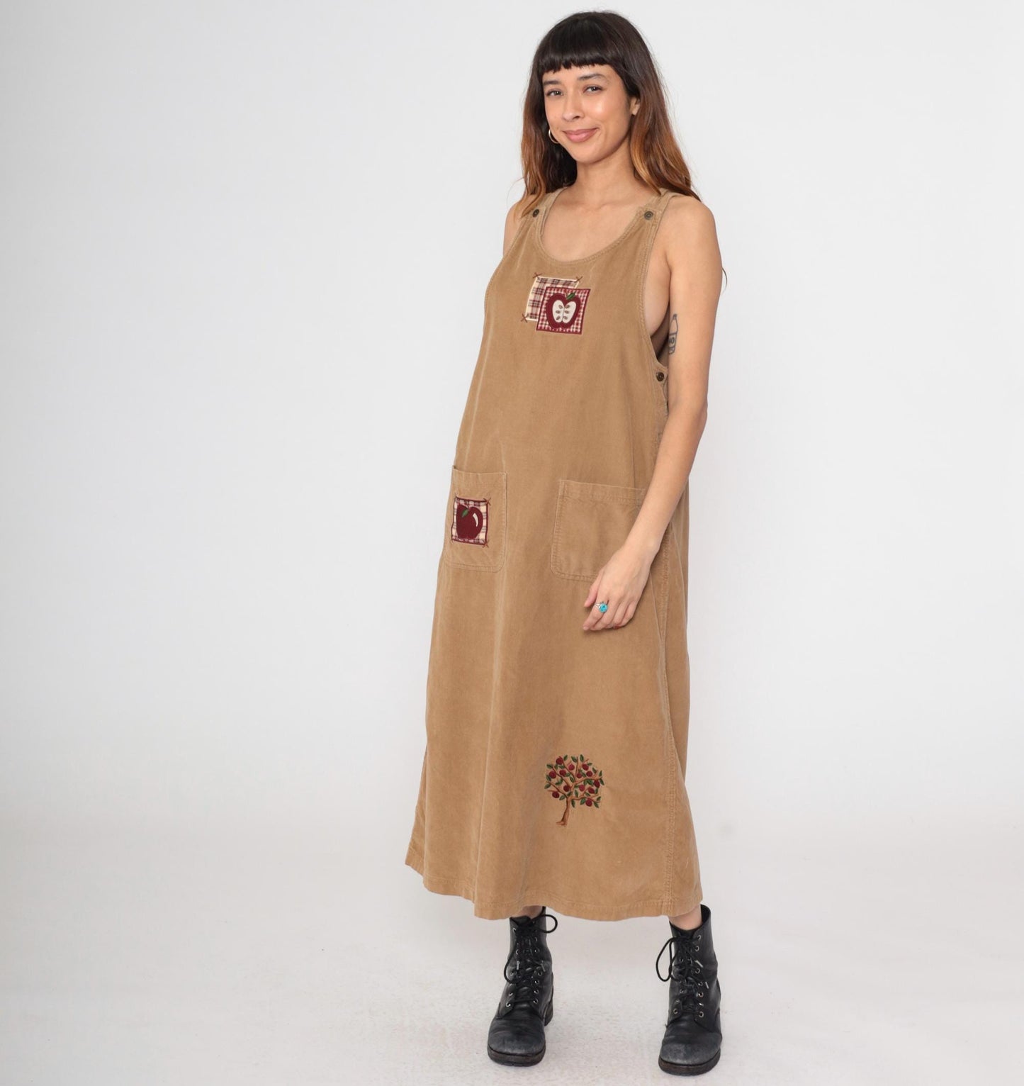 90s Mandal Bay Corduroy Jumper Dress Tan Apple Embroidery Maxi Large L