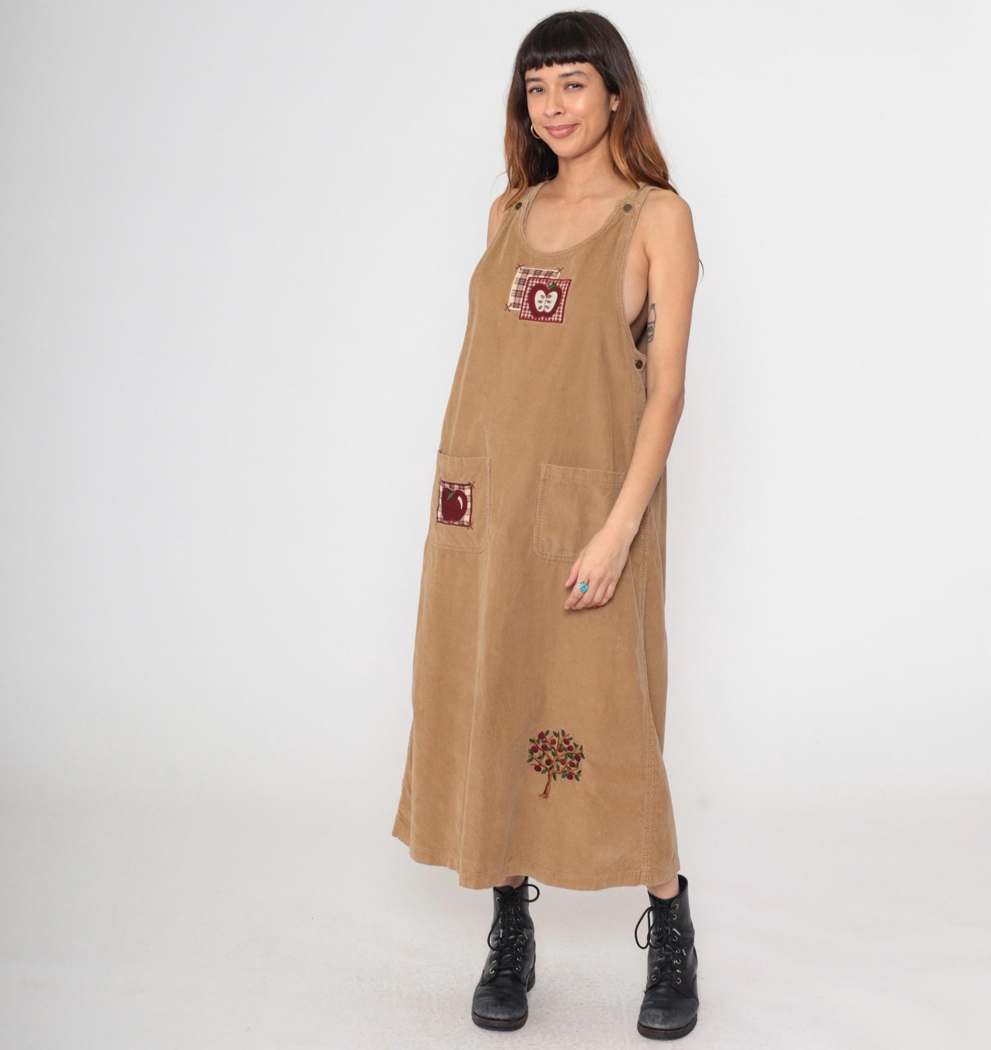 90s Mandal Bay Corduroy Jumper Dress Tan Apple Embroidery Maxi Large L