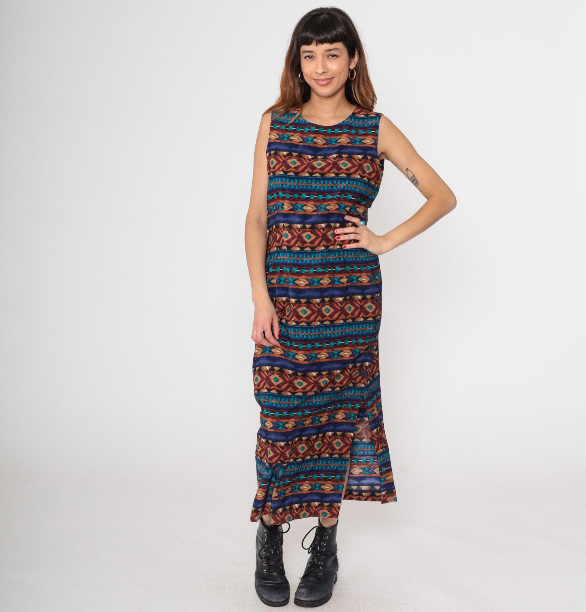 90s J Stevens Southwestern Geometric Maxi Dress Navy Sleeveless Medium M