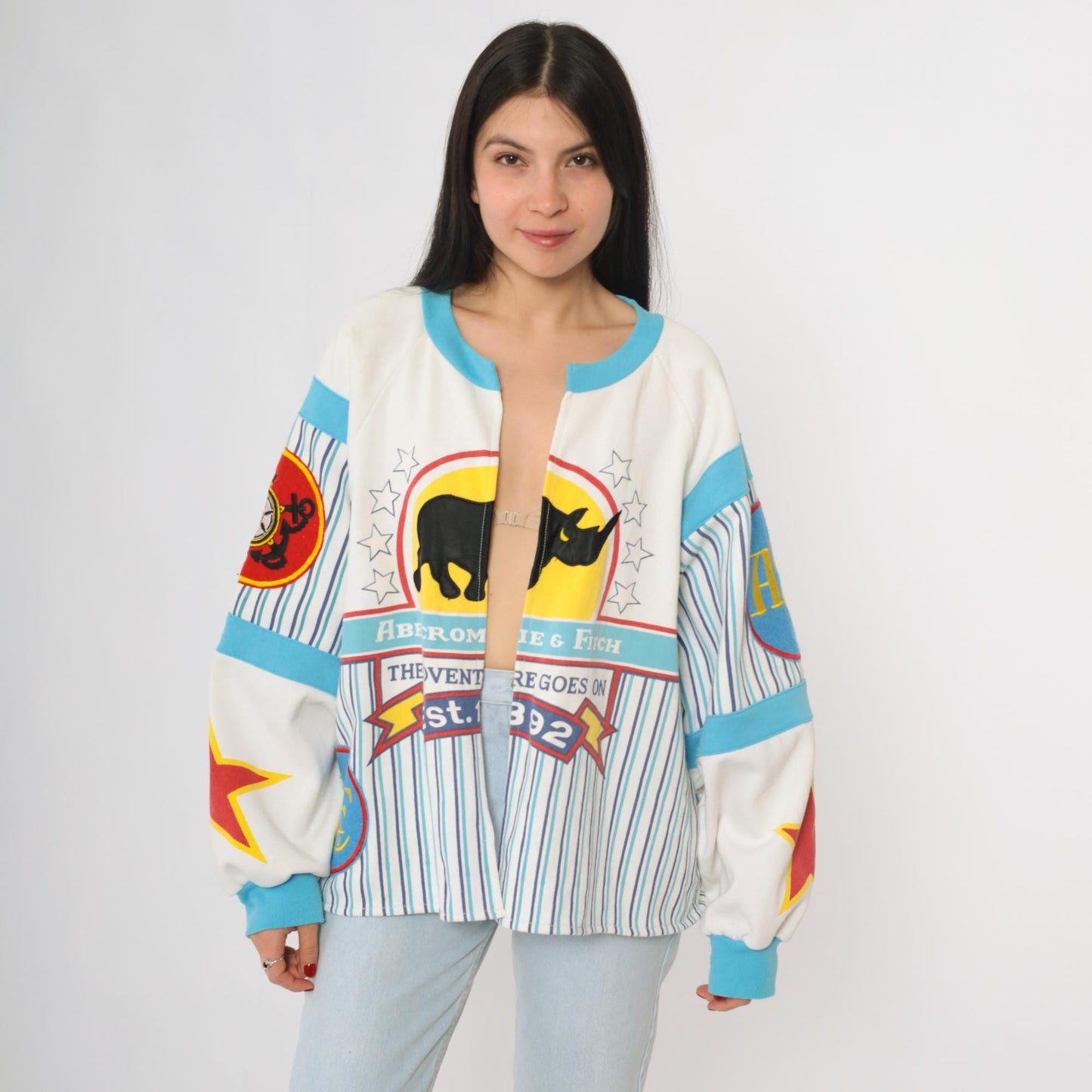 80s Abercrombie & Fitch Yacht Sailing Novelty Sweatshirt White Blue Striped Large