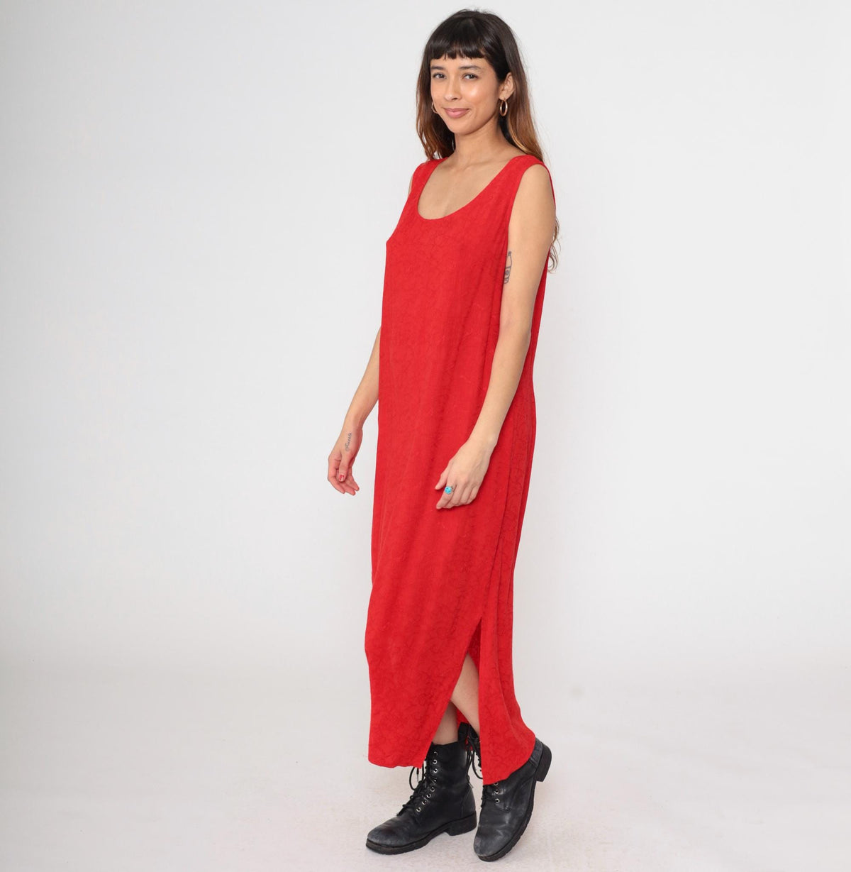 90s Red Rayon Maxi Dress Sleeveless Tank Column Large L