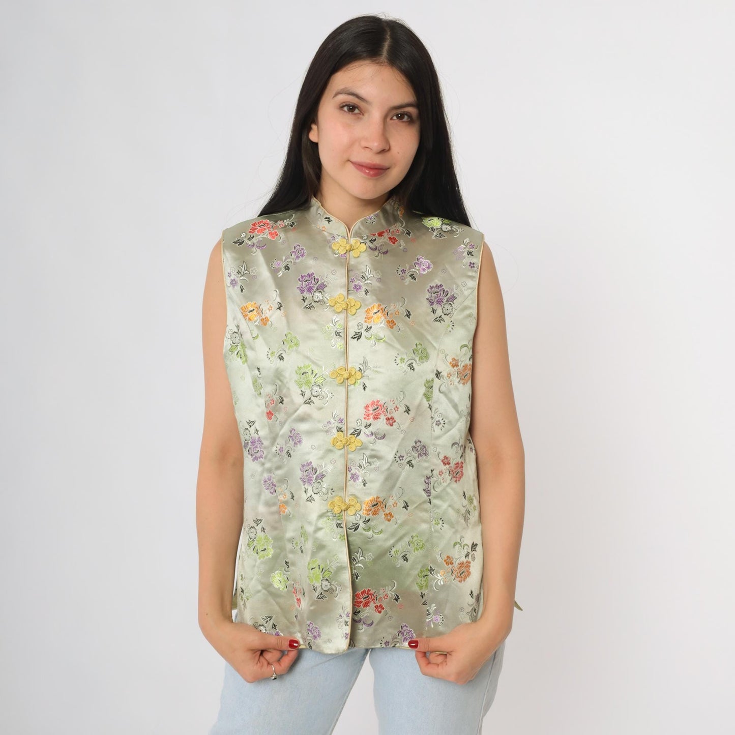Y2K Sage Green Cheongsam Top Mandarin Collar Floral Embroidered Satin Small