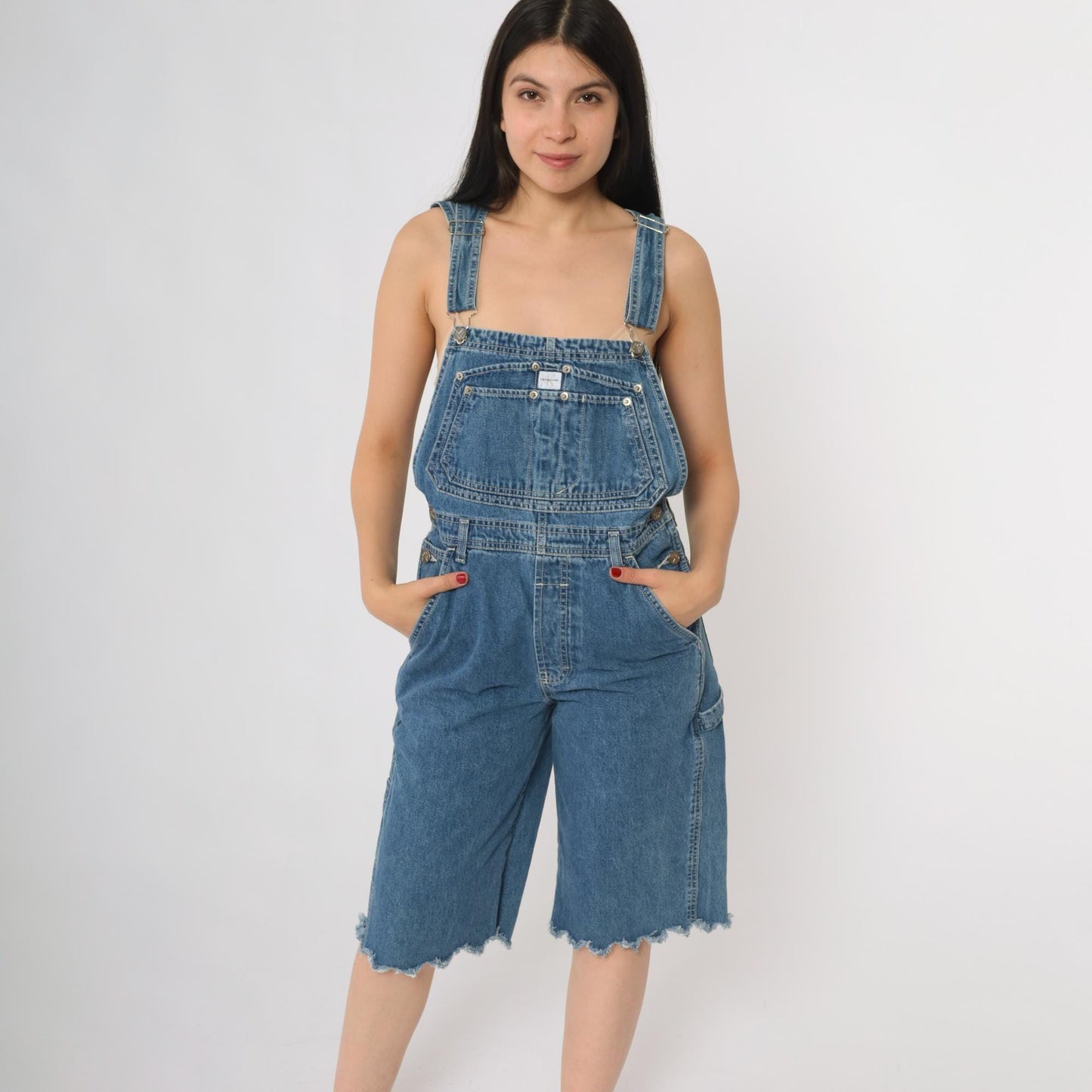 Calvin Klein Jeans 90s Denim Short Overalls Blue Cutoff Raw Hem Medium M
