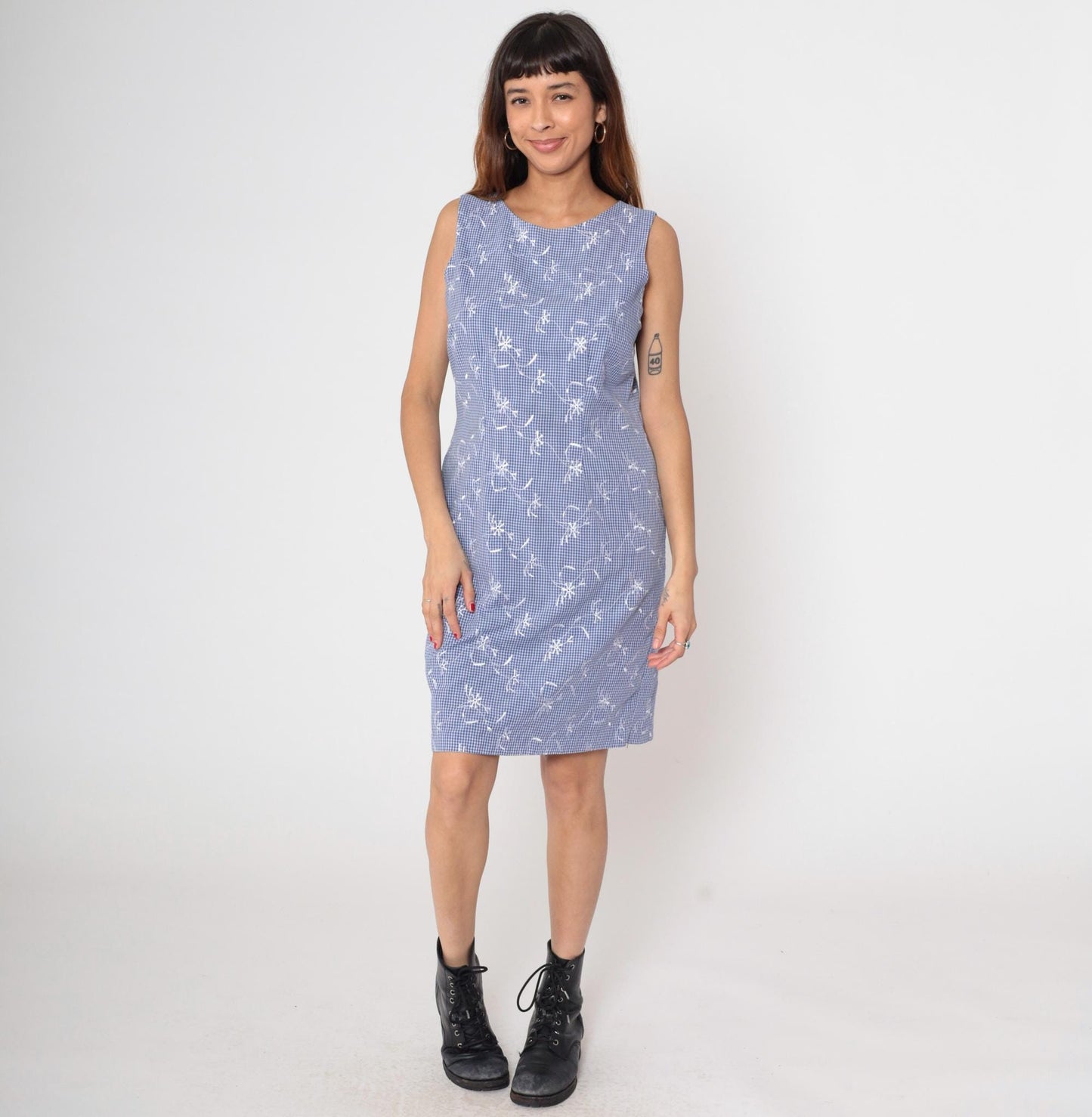 90s Blue Gingham Mini Dress Embroidered Floral Sleeveless Scoop Neck Medium M