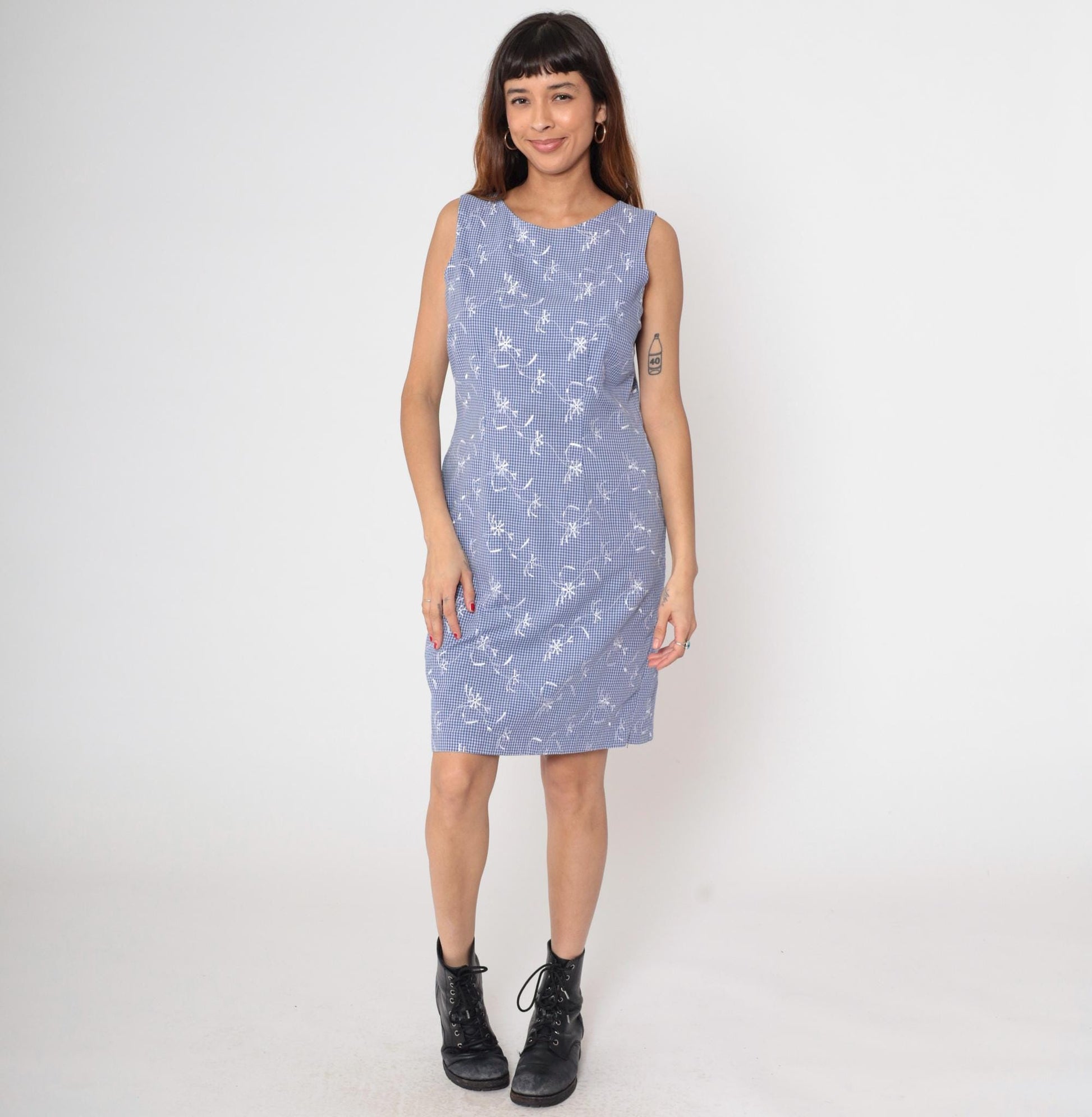 90s Blue Gingham Mini Dress Embroidered Floral Sleeveless Scoop Neck Medium M