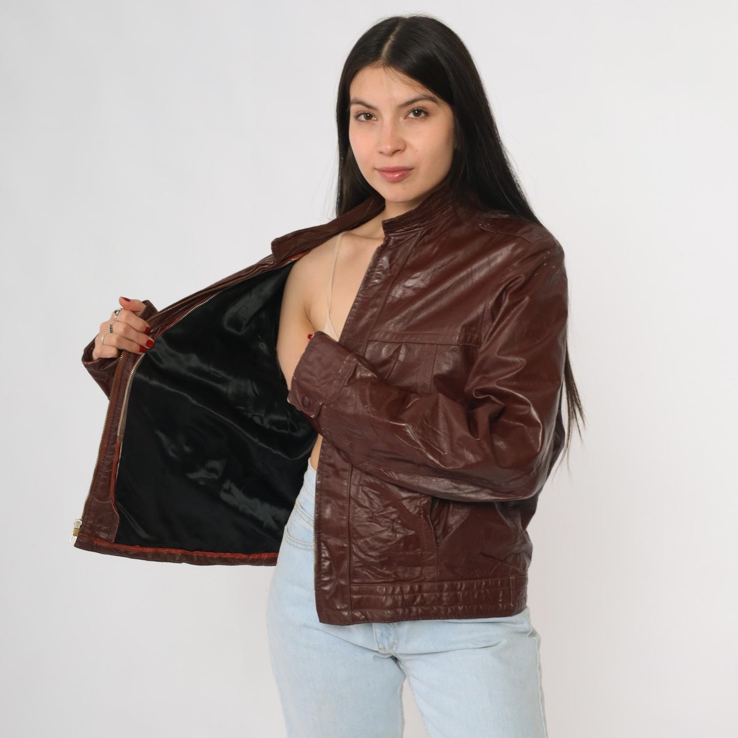80s Brown Leather Bomber Jacket Epaulet Shoulders Zip Front Women's Medium