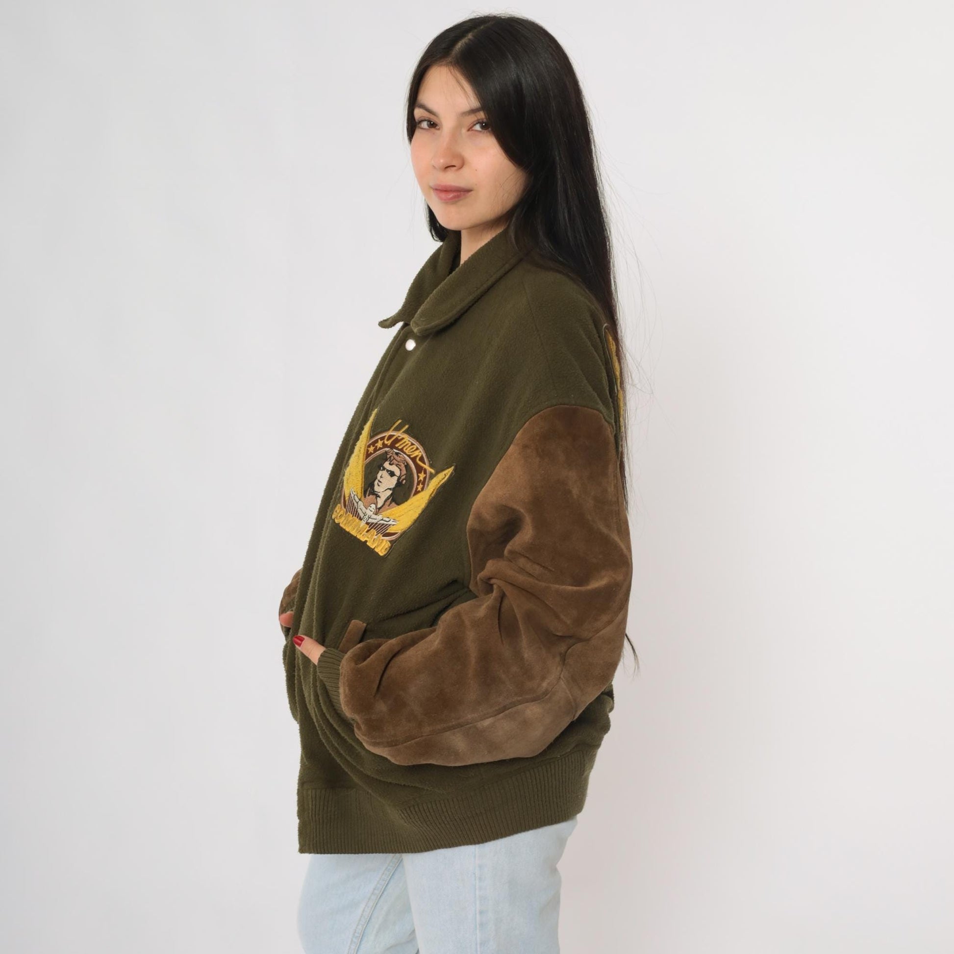 80s Aviator Bomber Jacket Green Suede Sleeves Pilot Embroidery Extra Large XL