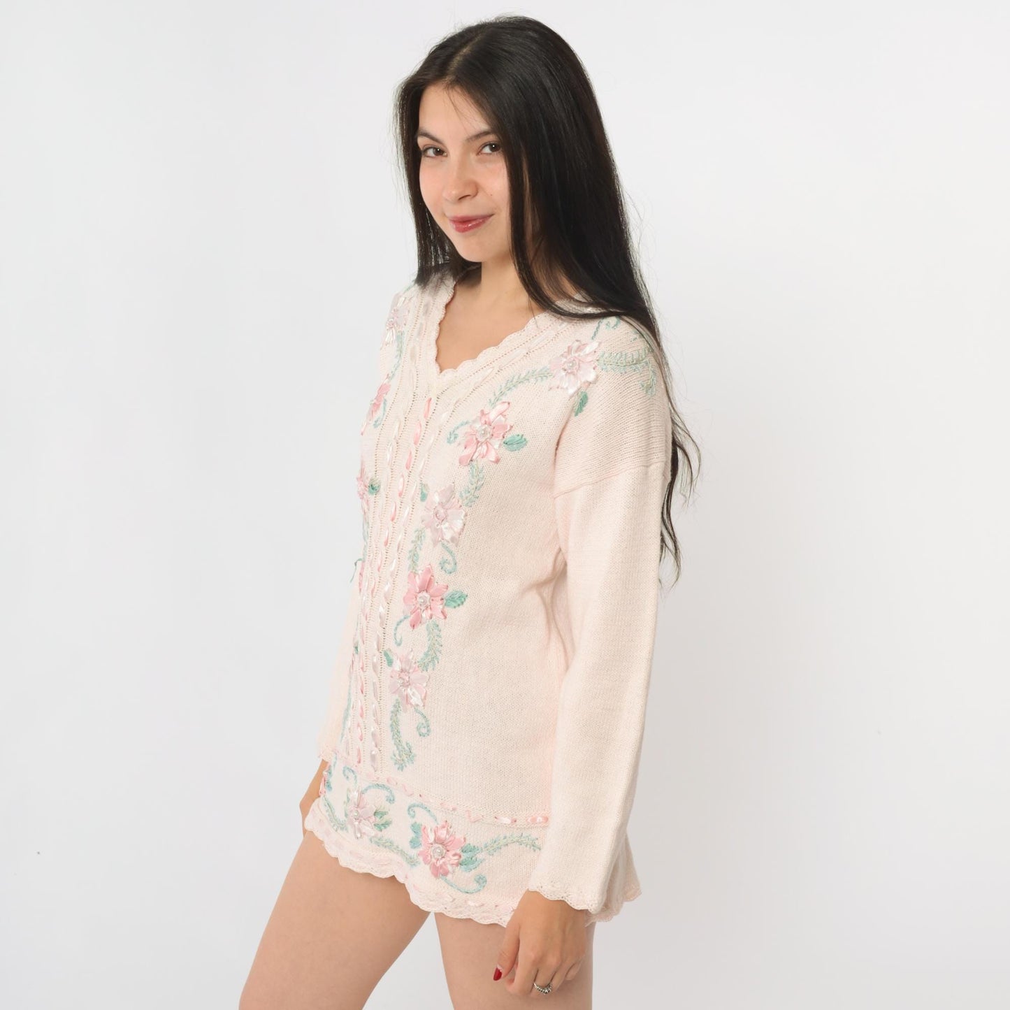 90s Carolyn Taylor Pink Floral Embroidered Knit Sweater V-Neck Medium M