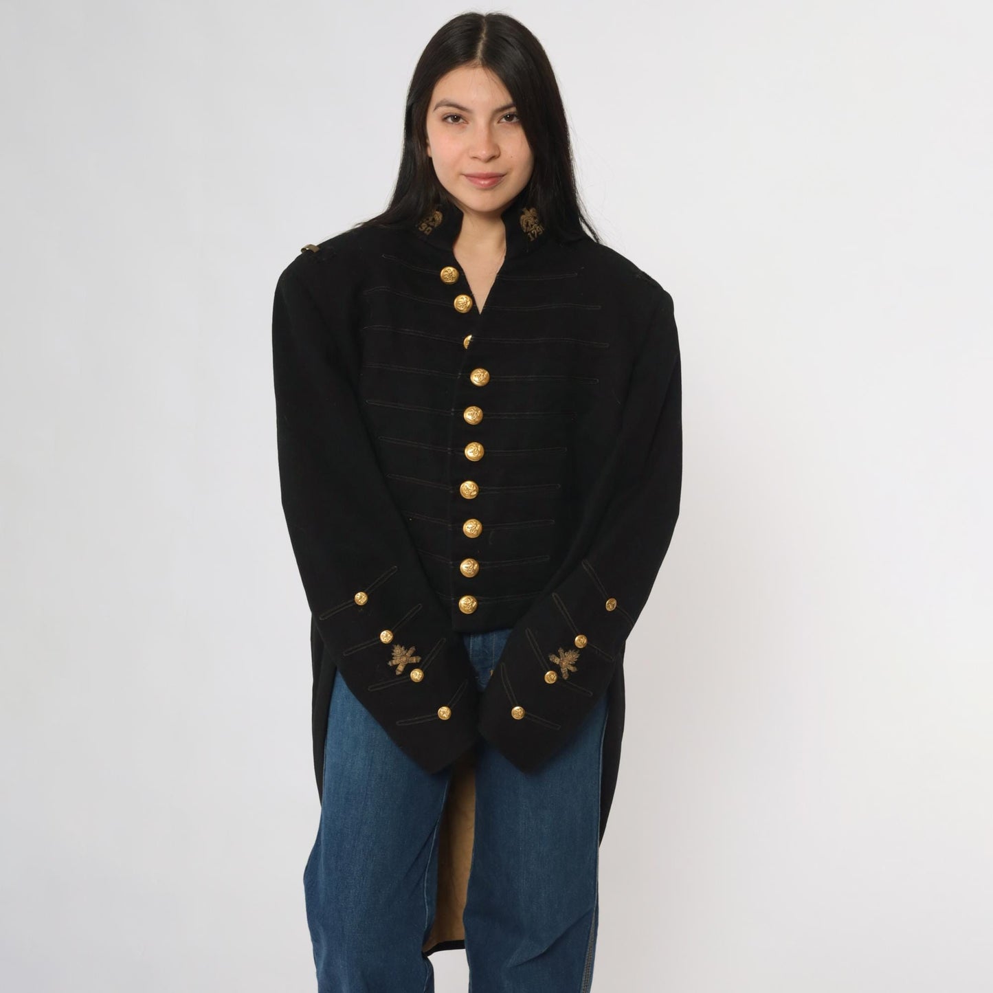 60s Black Wool Military Jacket Gold Buttons Embroidered Officer Coat Medium Large