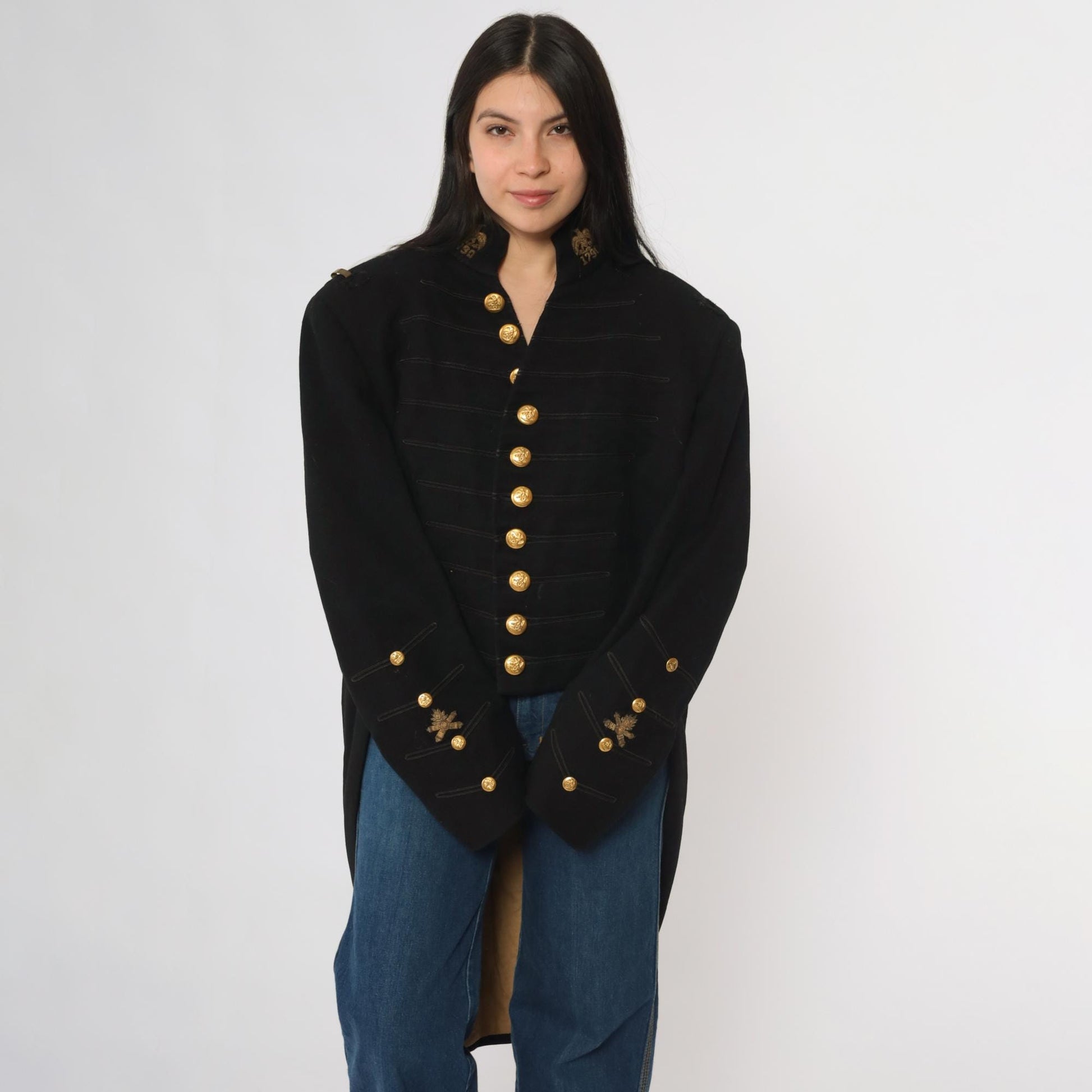 60s Black Wool Military Jacket Gold Buttons Embroidered Officer Coat Medium Large